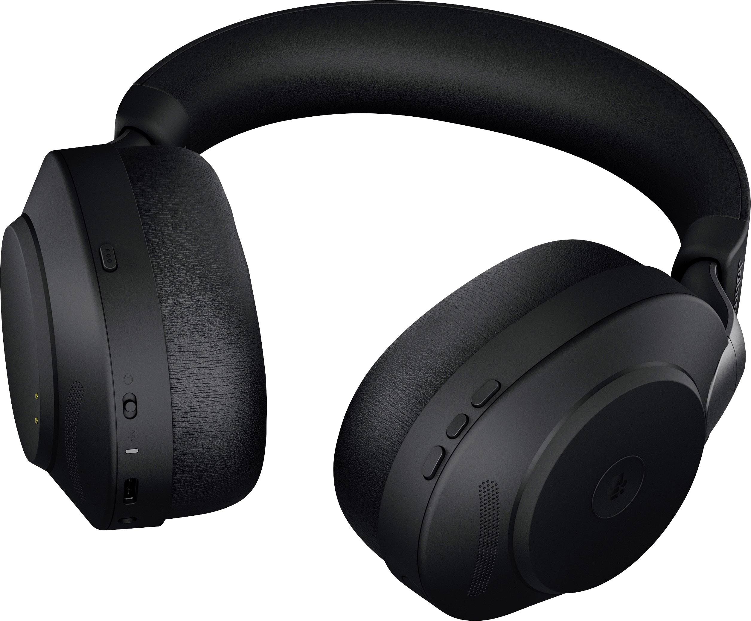 Casque audio noir à arceau rembourré et coussinets d'oreille, avec plusieurs boutons sur le côté. Adapté pour écouter de la musique.