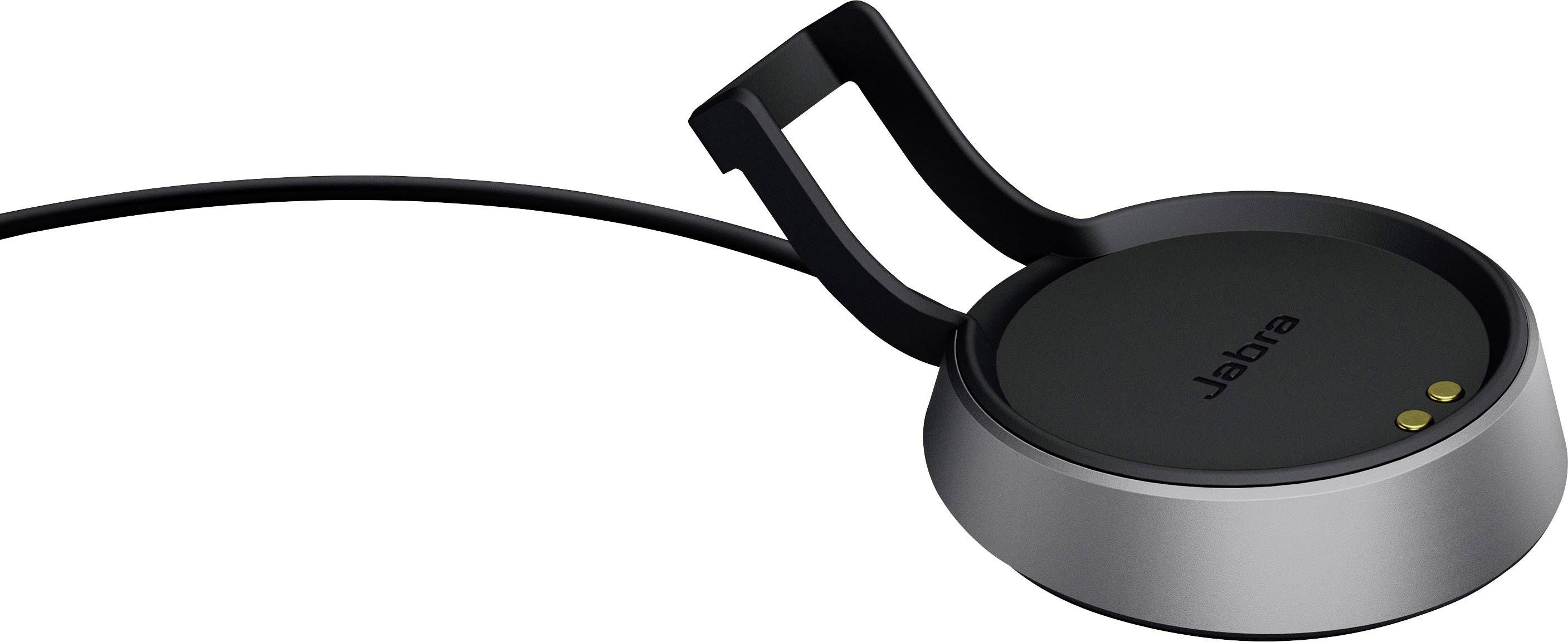 Station de charge pour casque avec câble USB, design noir, nom de marque 'Jabra' visible.