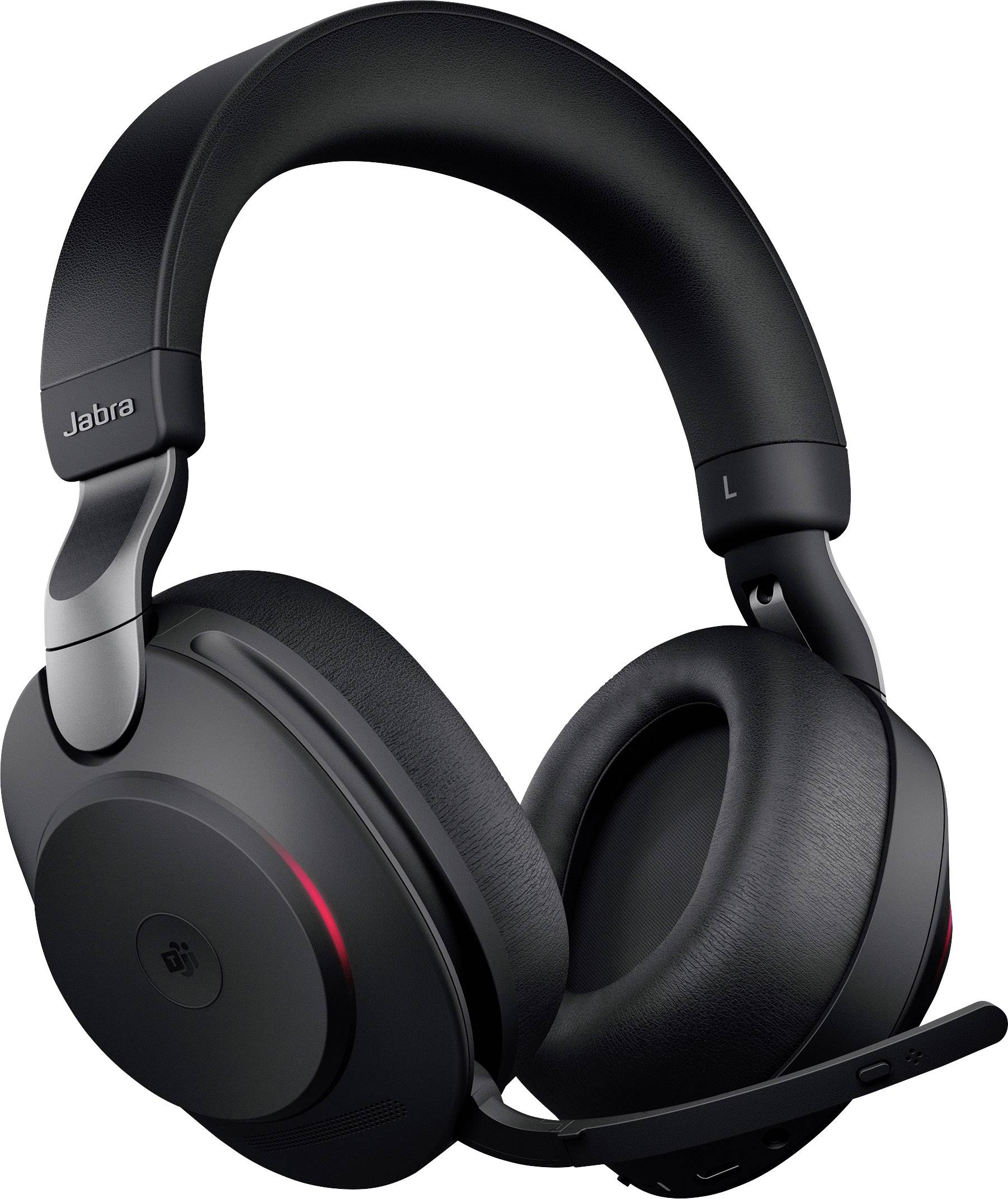 Casque Jabra noir avec perche microphone, porté sur l'oreille, illustrant la vue typique du design des écouteurs modernes.