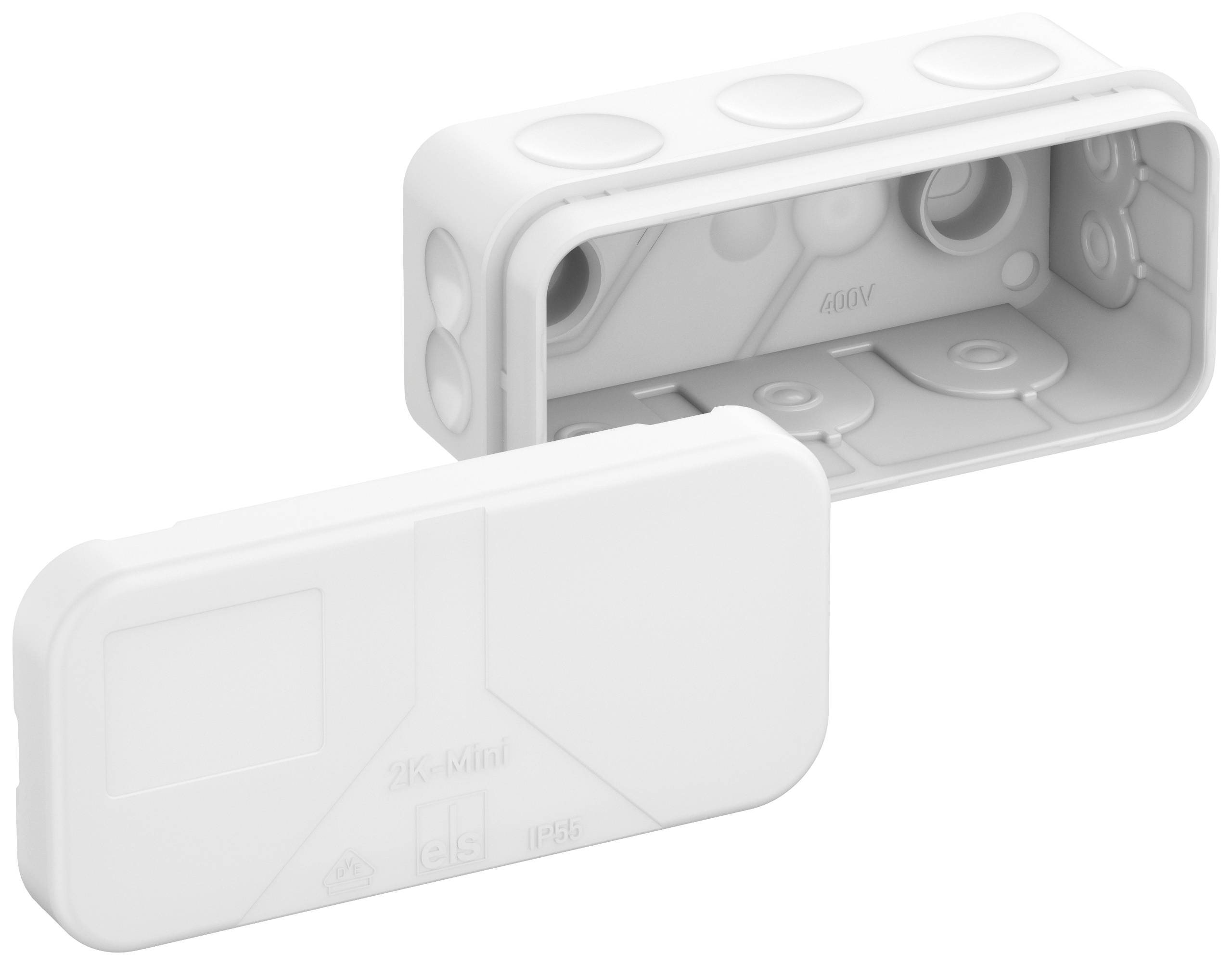 Boîte de connexion électrique blanche rectangulaire avec couvercle retiré, montrant sa construction intérieure et les possibilités de passage des câbles.
