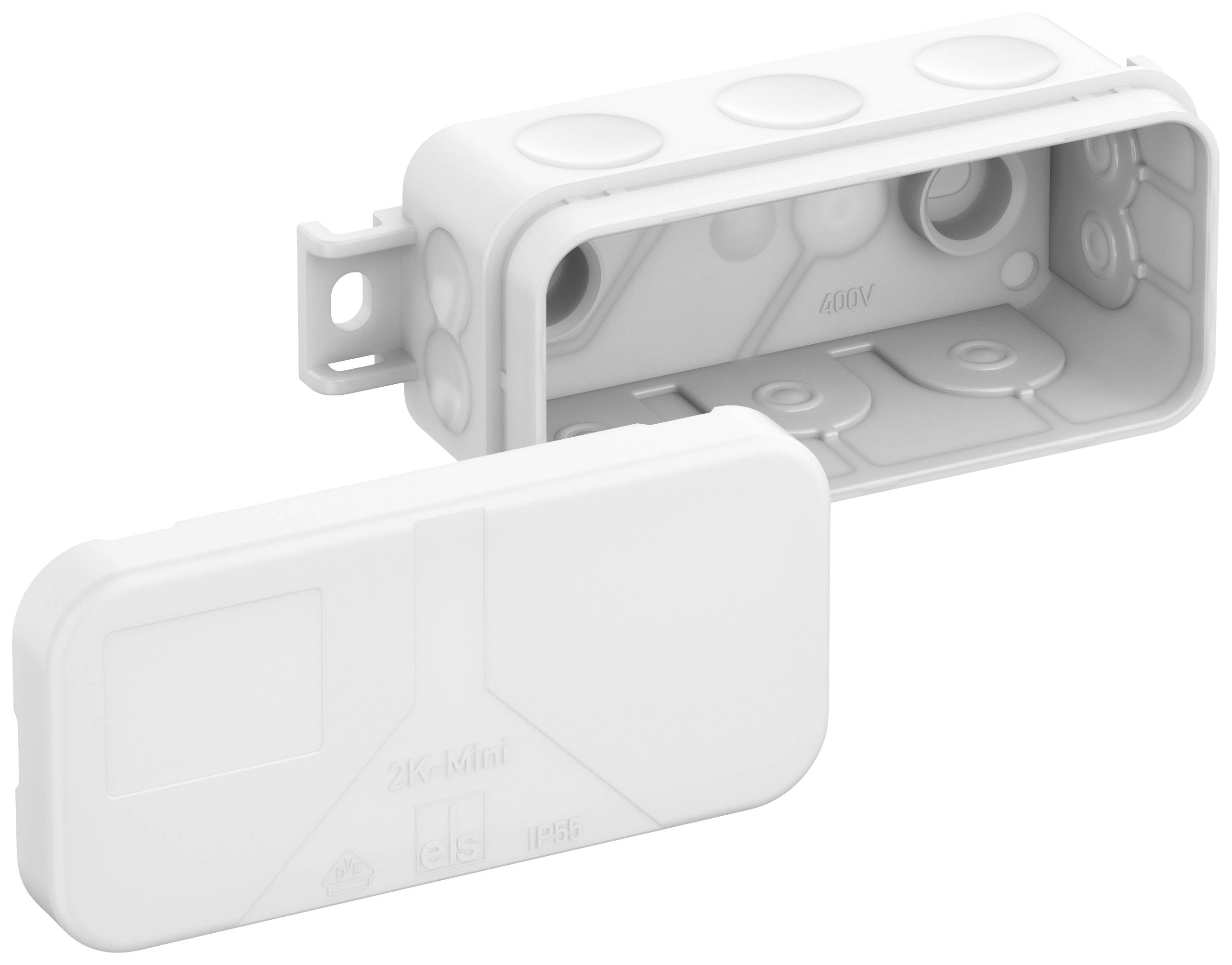 Boîte rectangulaire en plastique avec couvercle amovible, plusieurs ouvertures rondes pour les câbles. Adaptée aux installations électriques.