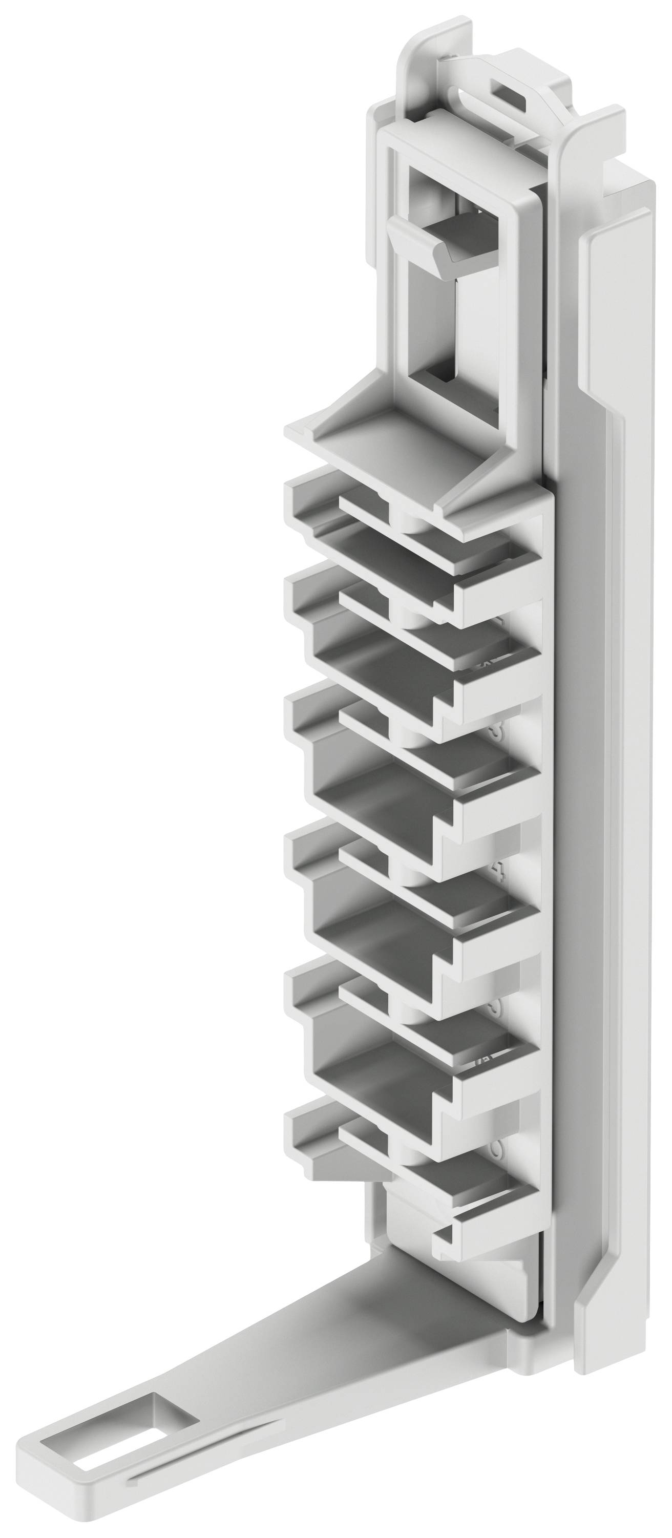Support de connecteur multicouche en plastique gris, disposé verticalement, pour applications électriques ou industrielles.