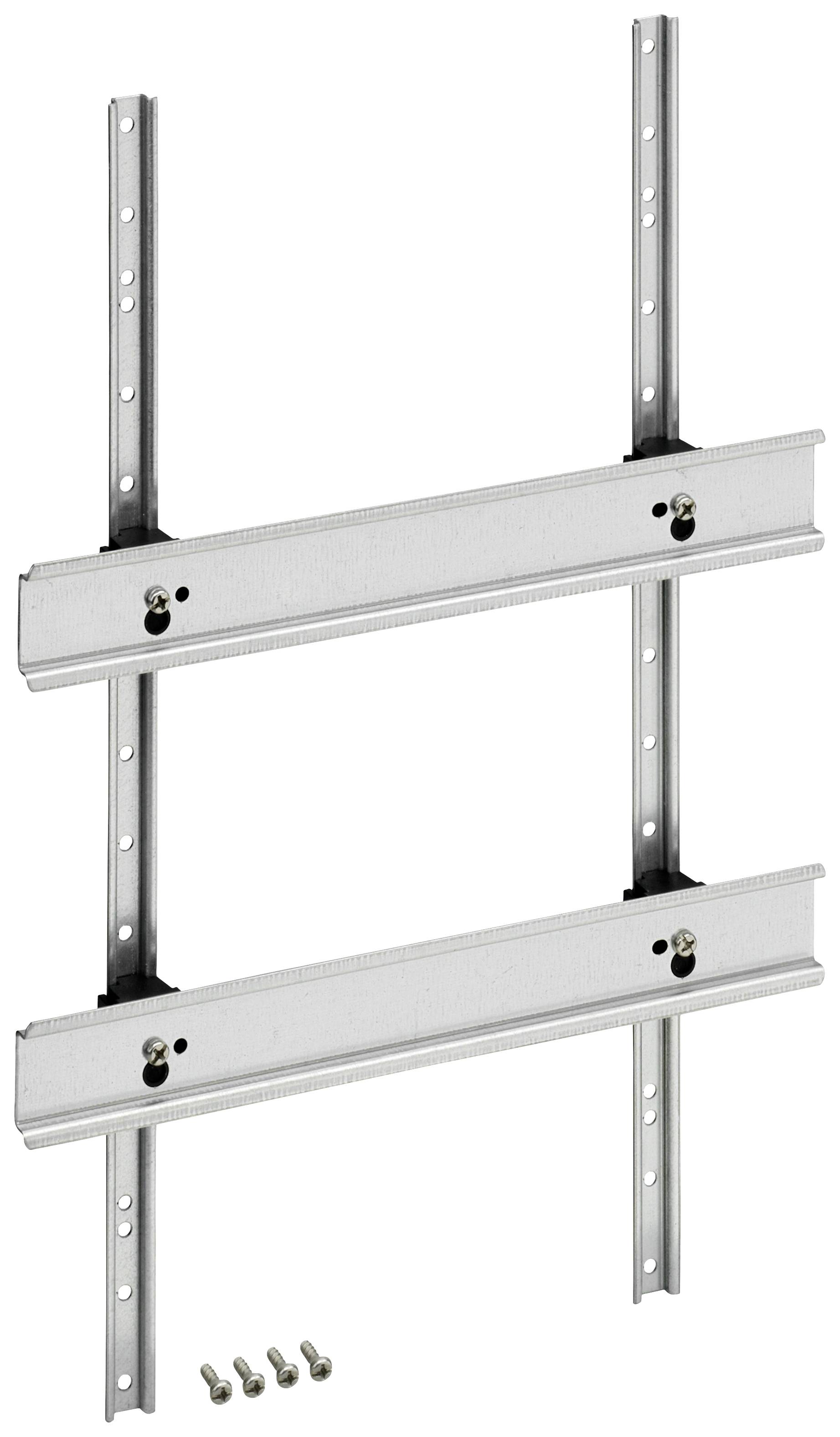 Support de montage en métal avec deux rails horizontaux et quatre vis, pour une fixation murale.