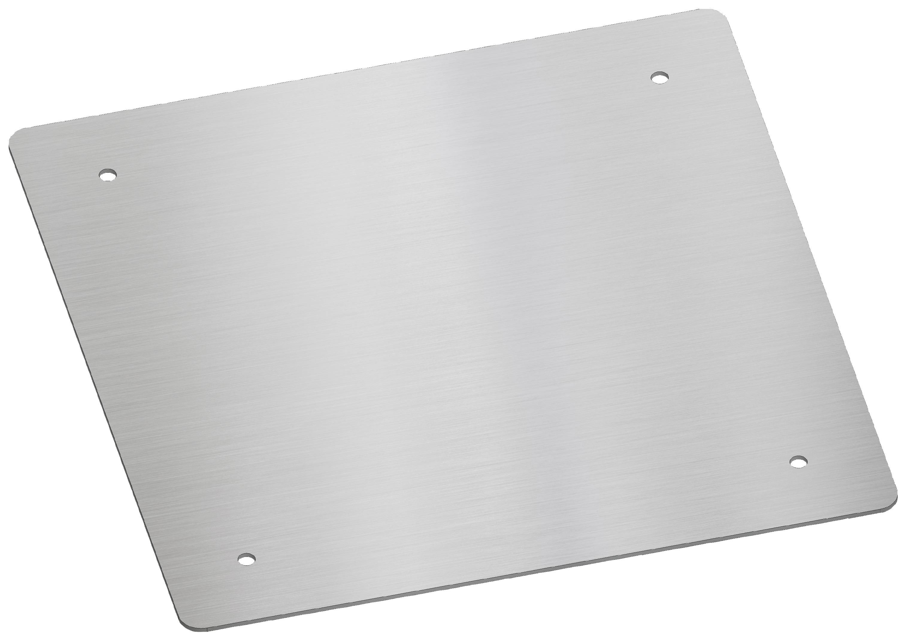 Plaque métallique avec quatre trous de perçage dans les coins, surface nue.