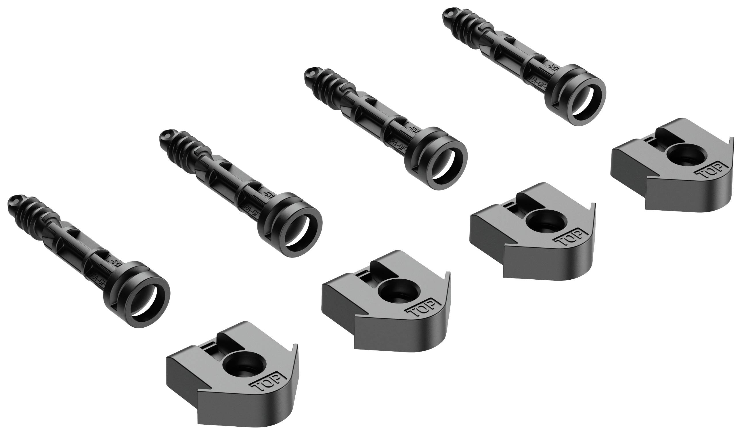 Six chevilles noires avec leurs connecteurs de fixation, disposés en deux rangées. Les vis et les pièces de connexion sont identiques.