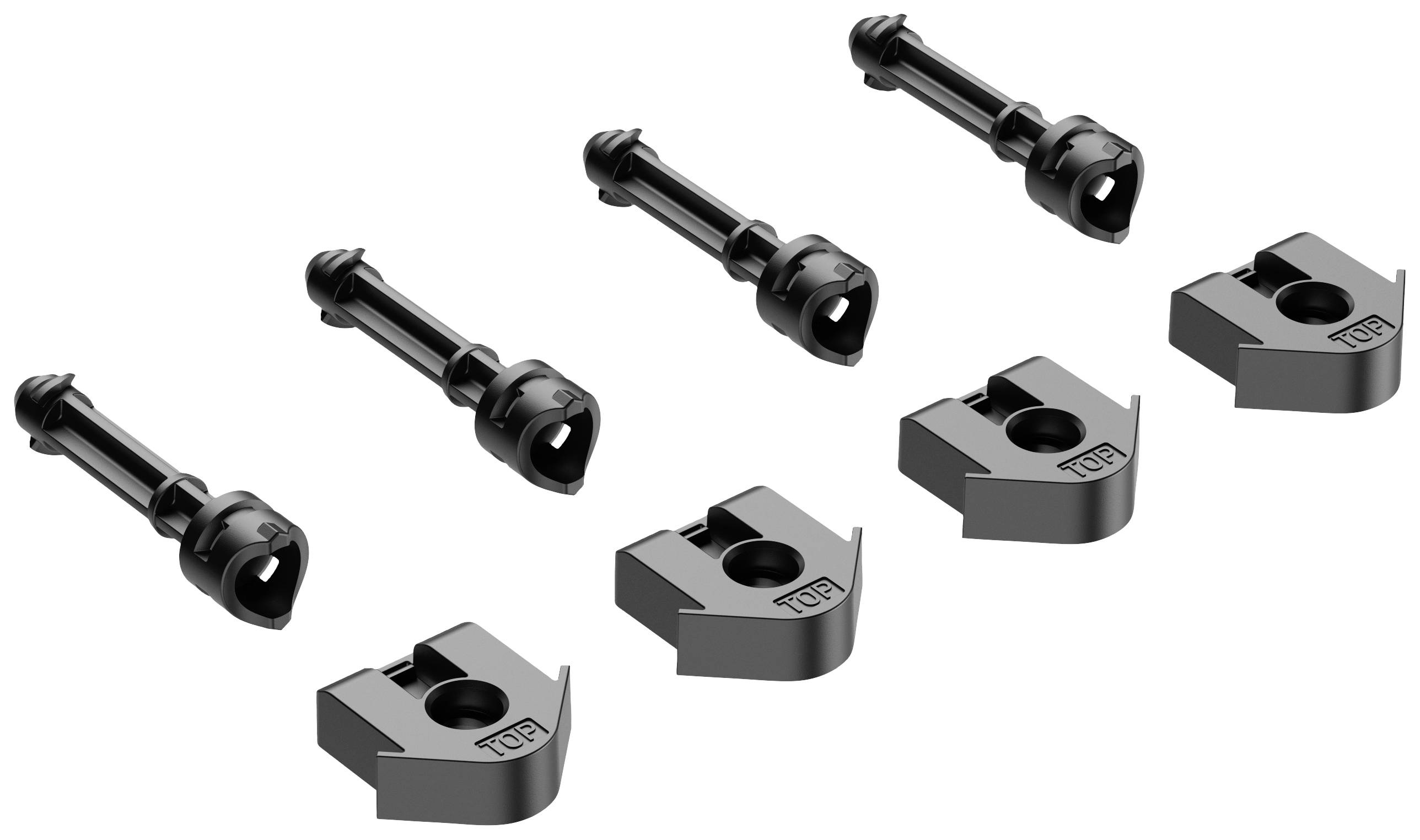 Six pièces de vélo noires, composées de trois axes amovibles et de trois supports d'axe.