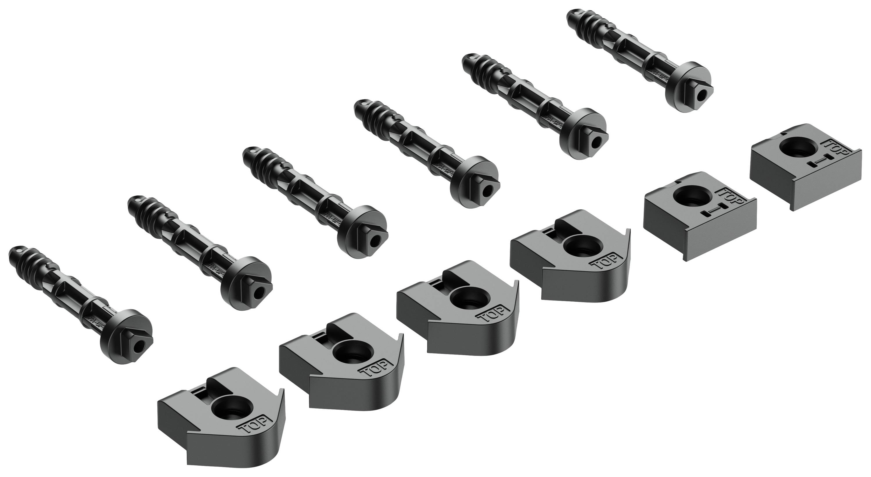 Plusieurs vis noires et supports de montage disposés en deux rangées. Les supports ont des trous en leur centre et sont étiquetés '10 N'.