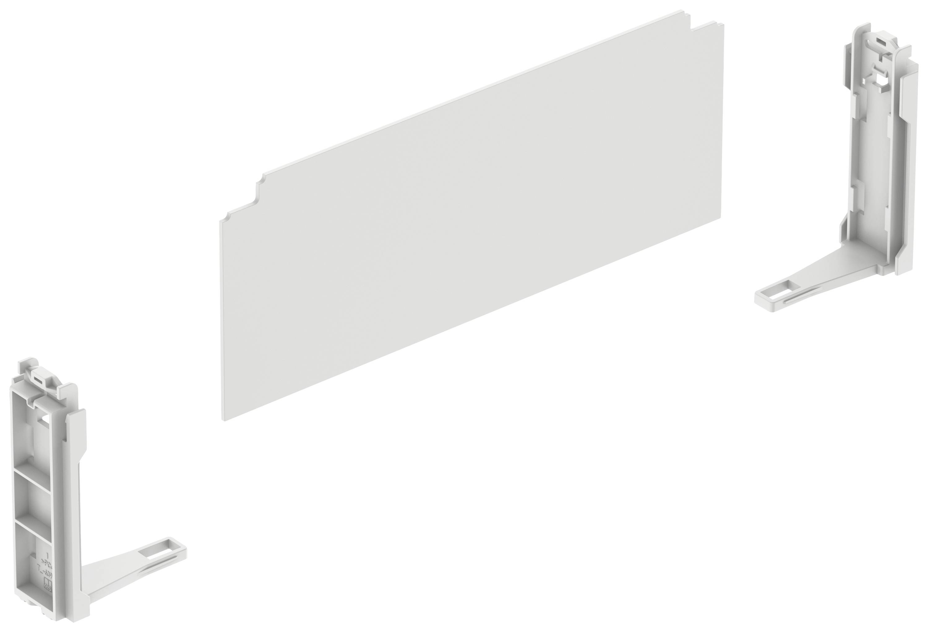 Trois pièces en plastique blanc : une petite plaquette rectangulaire au centre, flanquée de deux supports à gauche et à droite.