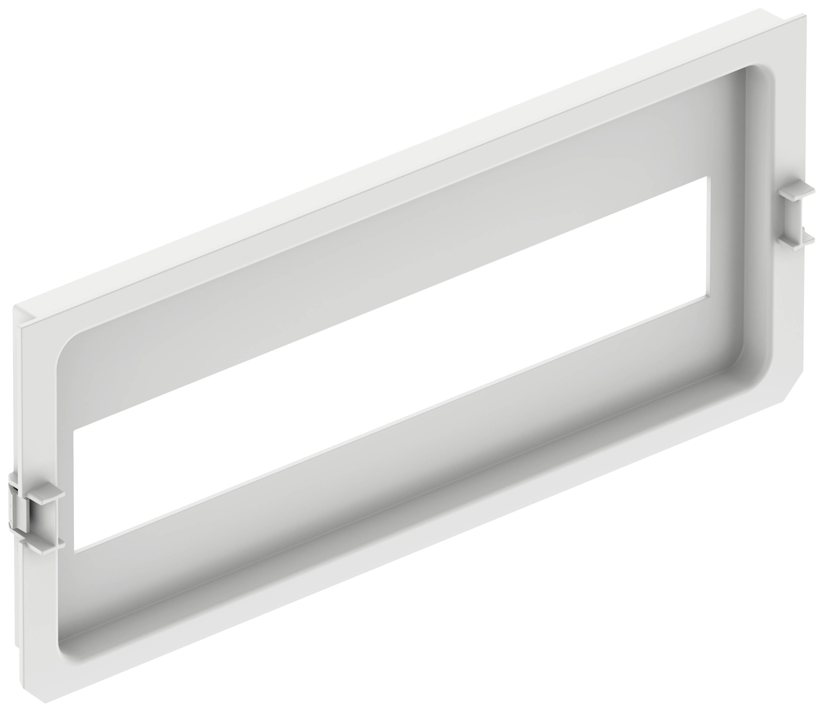 Cadre rectangulaire blanc avec une découpe rectangulaire au centre, probablement partie intégrante d'un objet technique ou architectural plus grand.