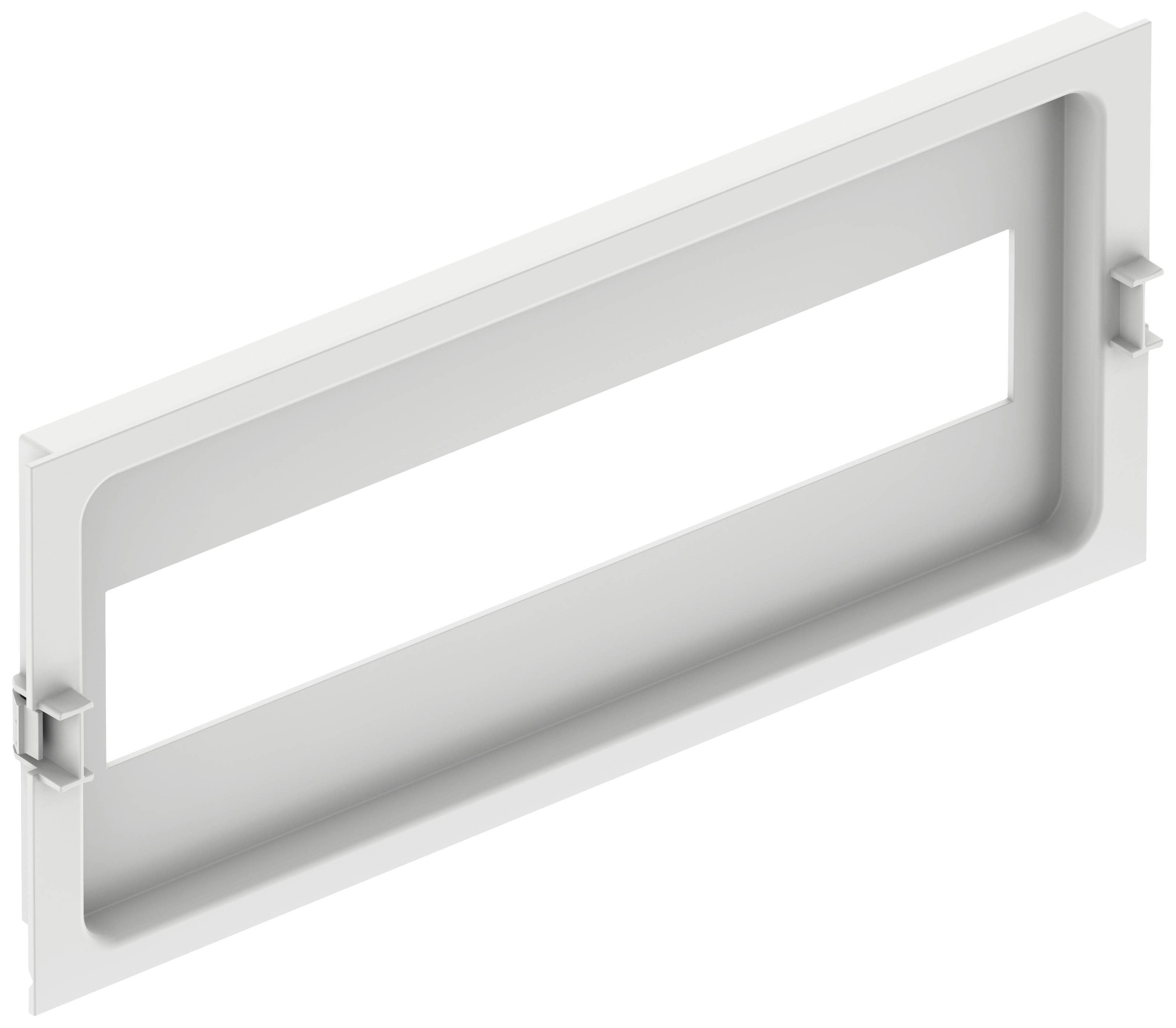 Un cadre encastrable rectangulaire blanc avec une grande échancrure rectangulaire au centre et des pattes de fixation latérales.