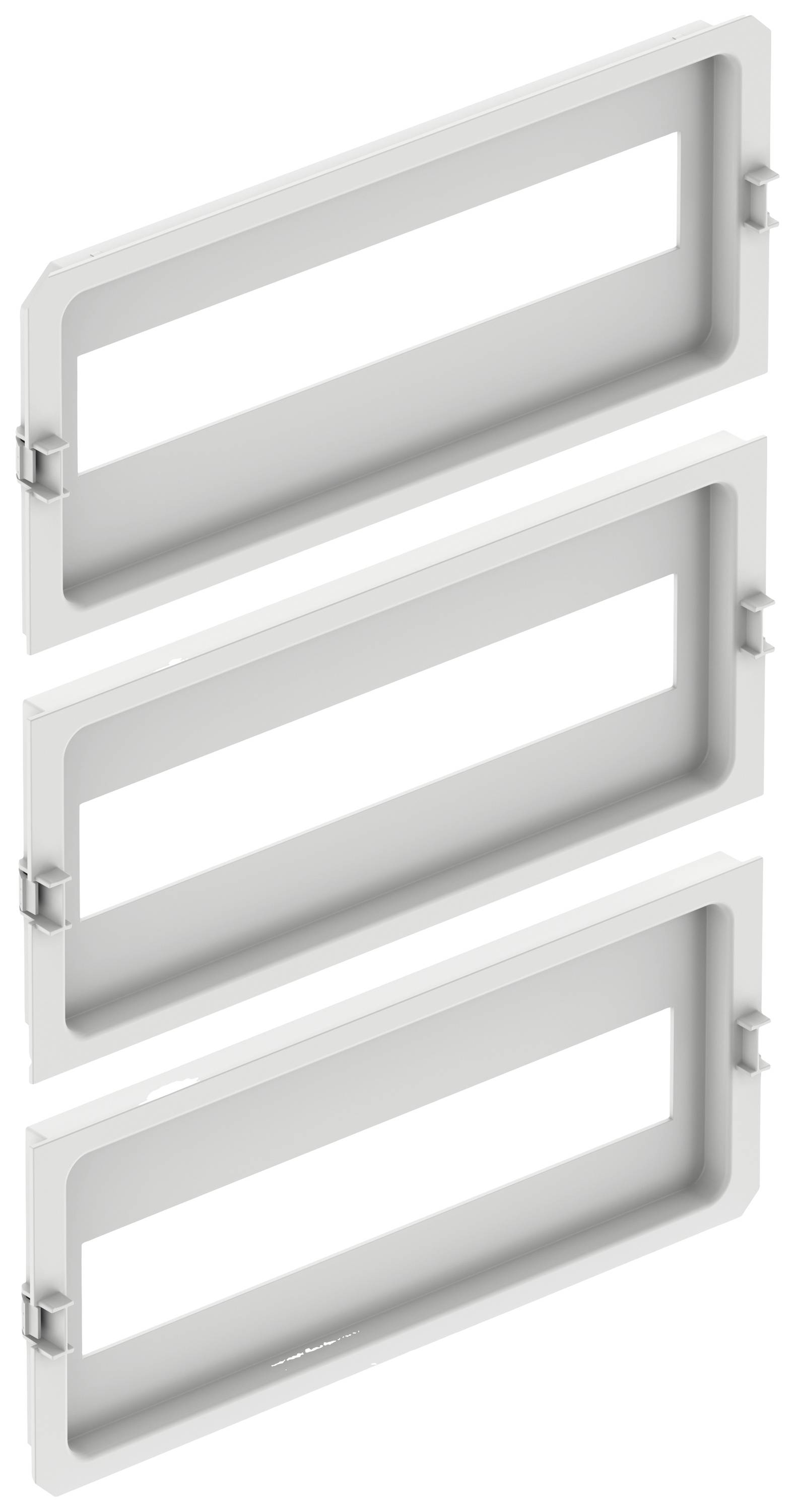 Cadres en plastique blanc, rectangulaires, disposés en trois rangées superposées. Ils possèdent des bords larges et des ouvertures rectangulaires.