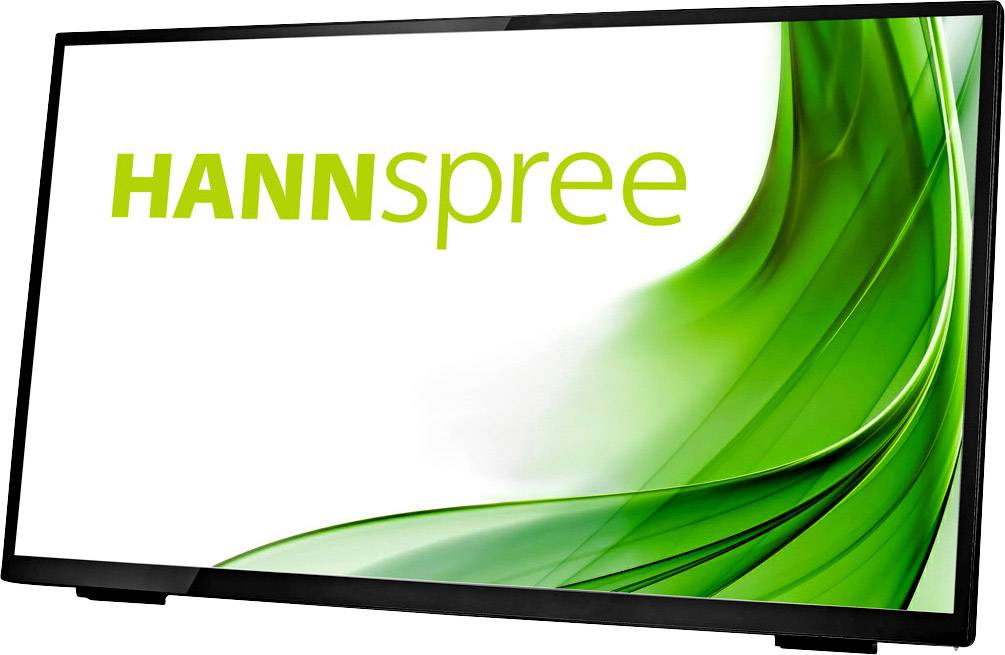 Moniteur HANNspree avec un cadre noir et un logo vert sur fond blanc. Caractéristique principale : design élancé.