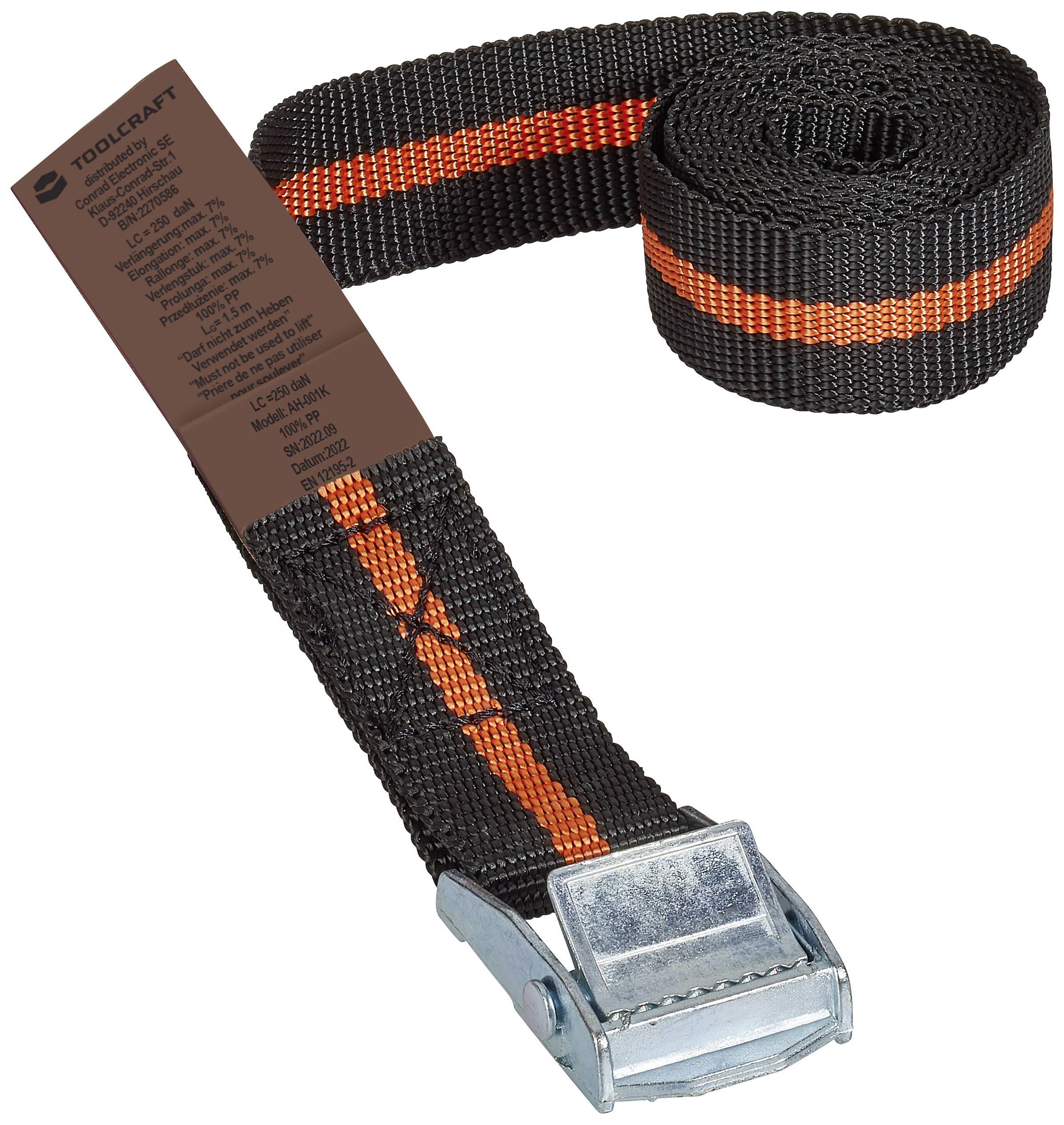 Sangle de tension noire avec bande orange, arrimage possible avec une sangle à cliquet métallique. L'emballage présente le nom de la marque et les détails techniques.