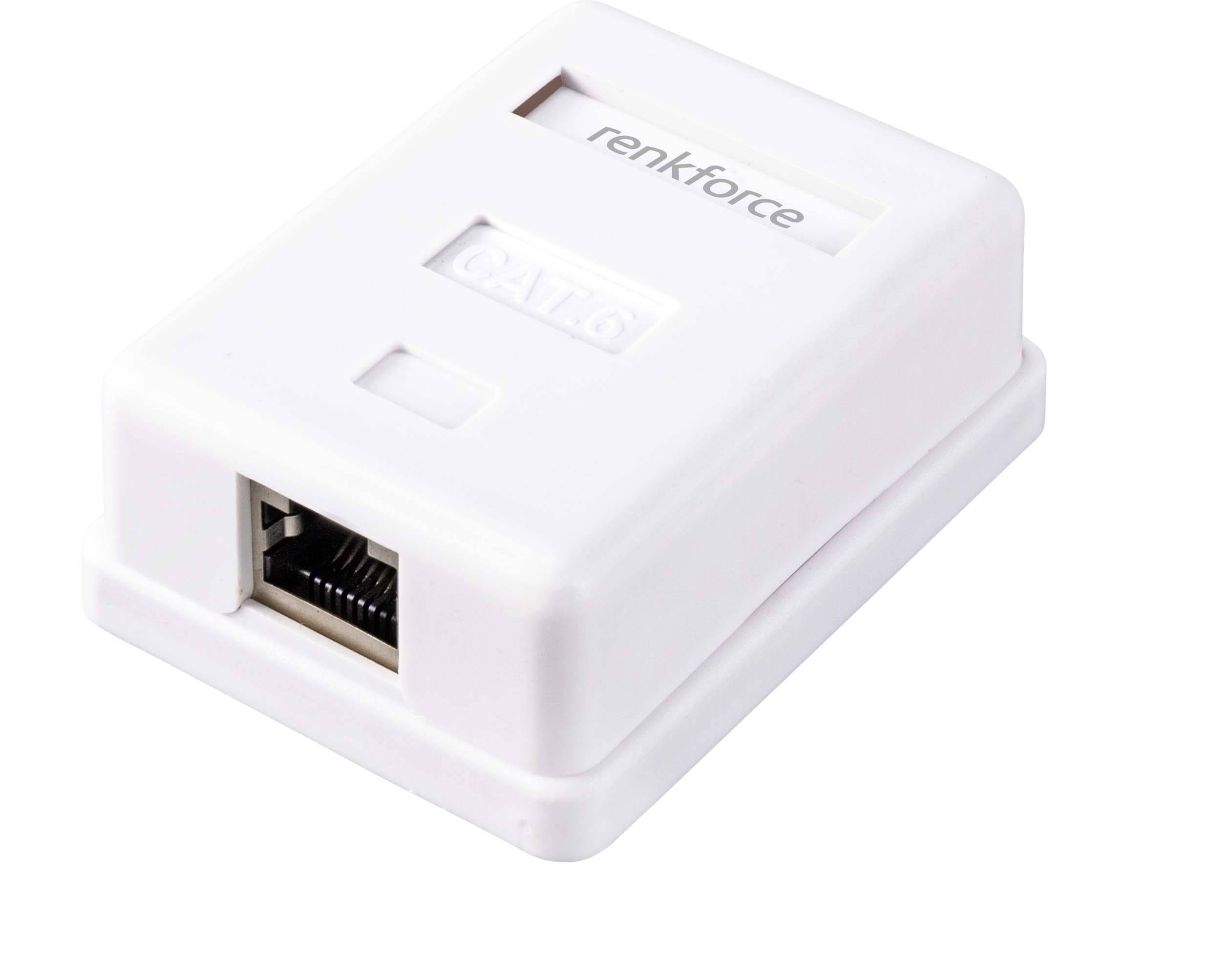 Un adaptateur blanc avec une connexion Ethernet et l'inscription 'renkforce' et 'CAT.6' sur sa surface supérieure.