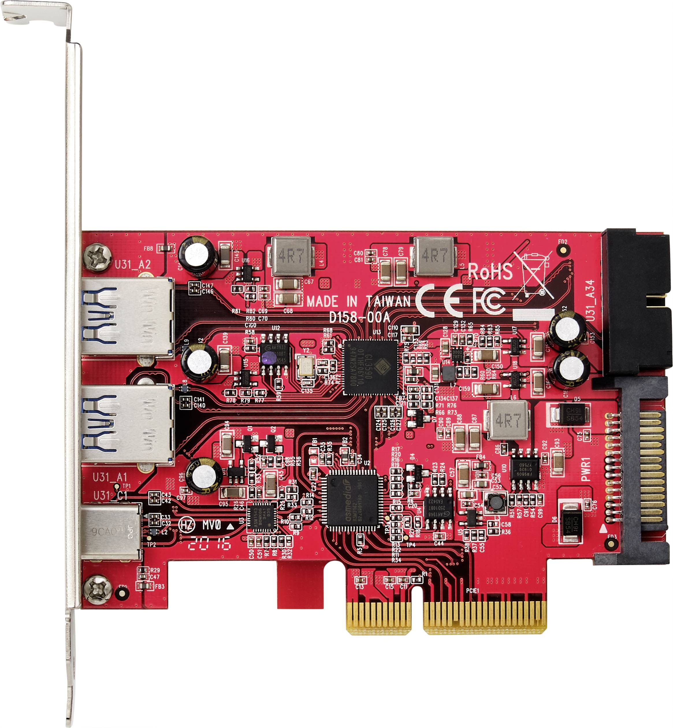 Une carte d'extension PCIe rouge avec plusieurs connecteurs et composants électroniques, adaptée à une utilisation dans un PC.