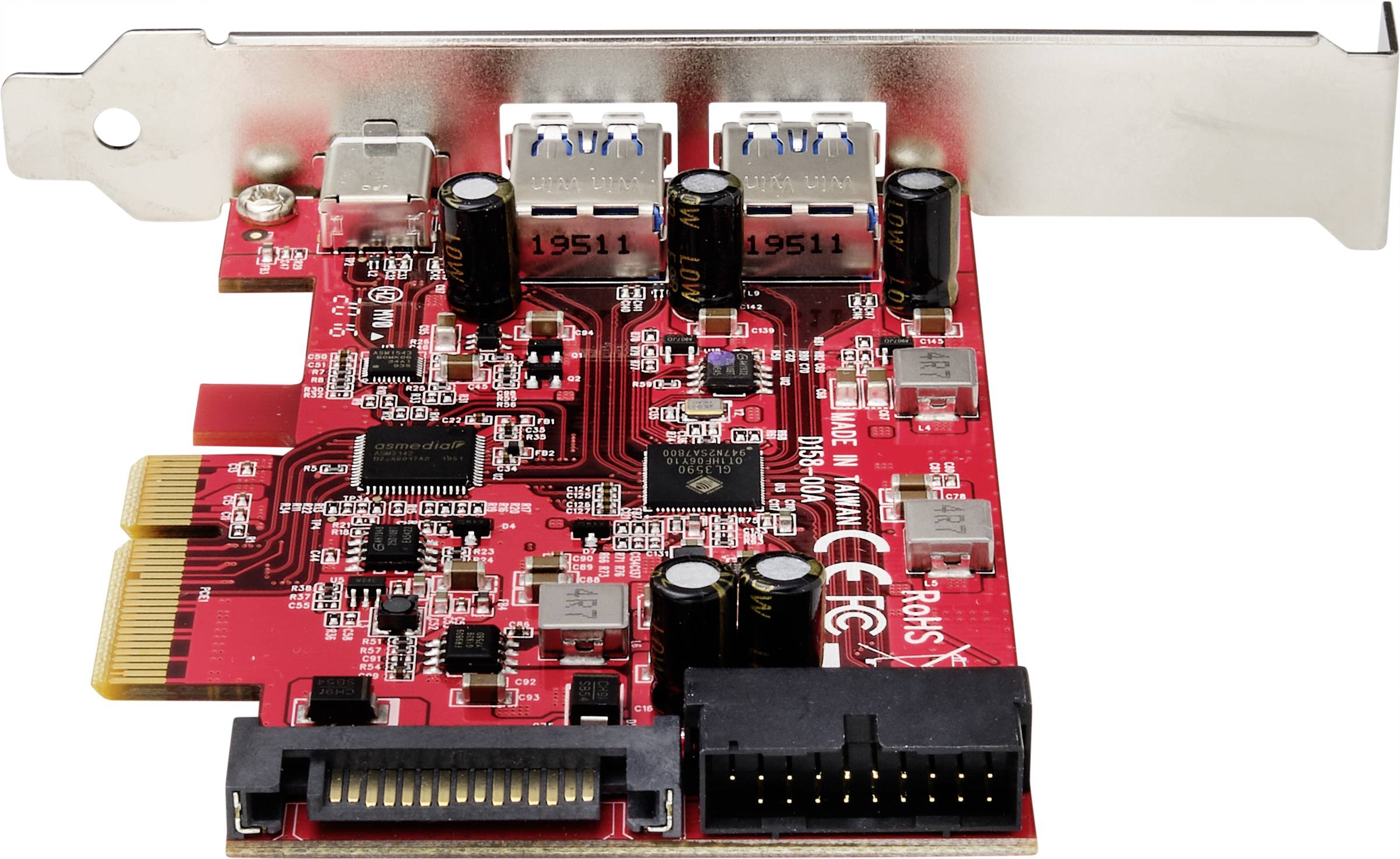 Une carte d'extension PCIe rouge avec deux ports USB 3.0 et un port SATA, adaptée pour ajouter des ports à un ordinateur.
