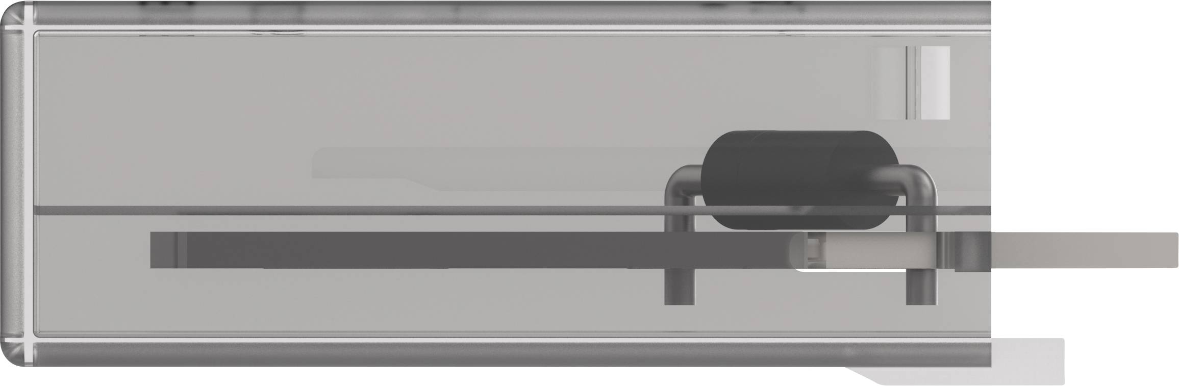 Fente transparente avec un verrou noir servant à verrouiller ou déverrouiller. Boîtier rectangulaire montrant le mécanisme.