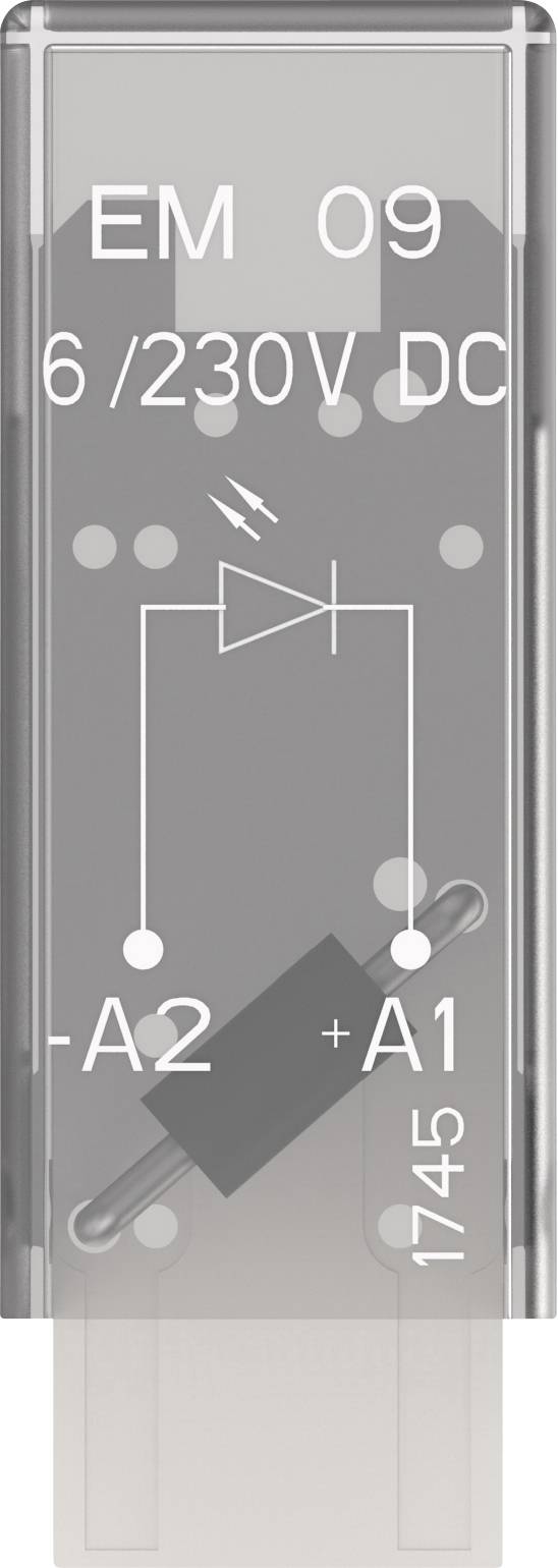Élément de sécurité portant l'inscription 'EM 09' et '6/230V DC', représentant une diode dans le schéma de câblage. Connexions avec '-A2' et '+A1'.