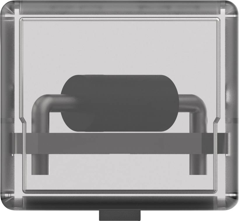 Un conteneur en plastique transparent contient un rouleau cylindrique sombre, supporté par une tige métallique.