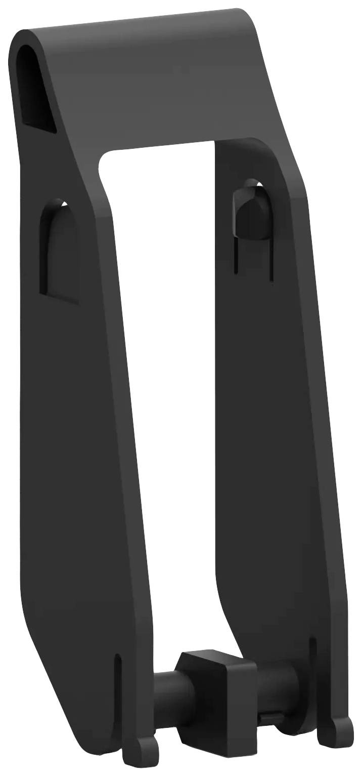 Un étrier noir en métal avec une encoche rectangulaire au centre et un boulon pivotant à l'extrémité inférieure, probablement destiné à un usage technique.