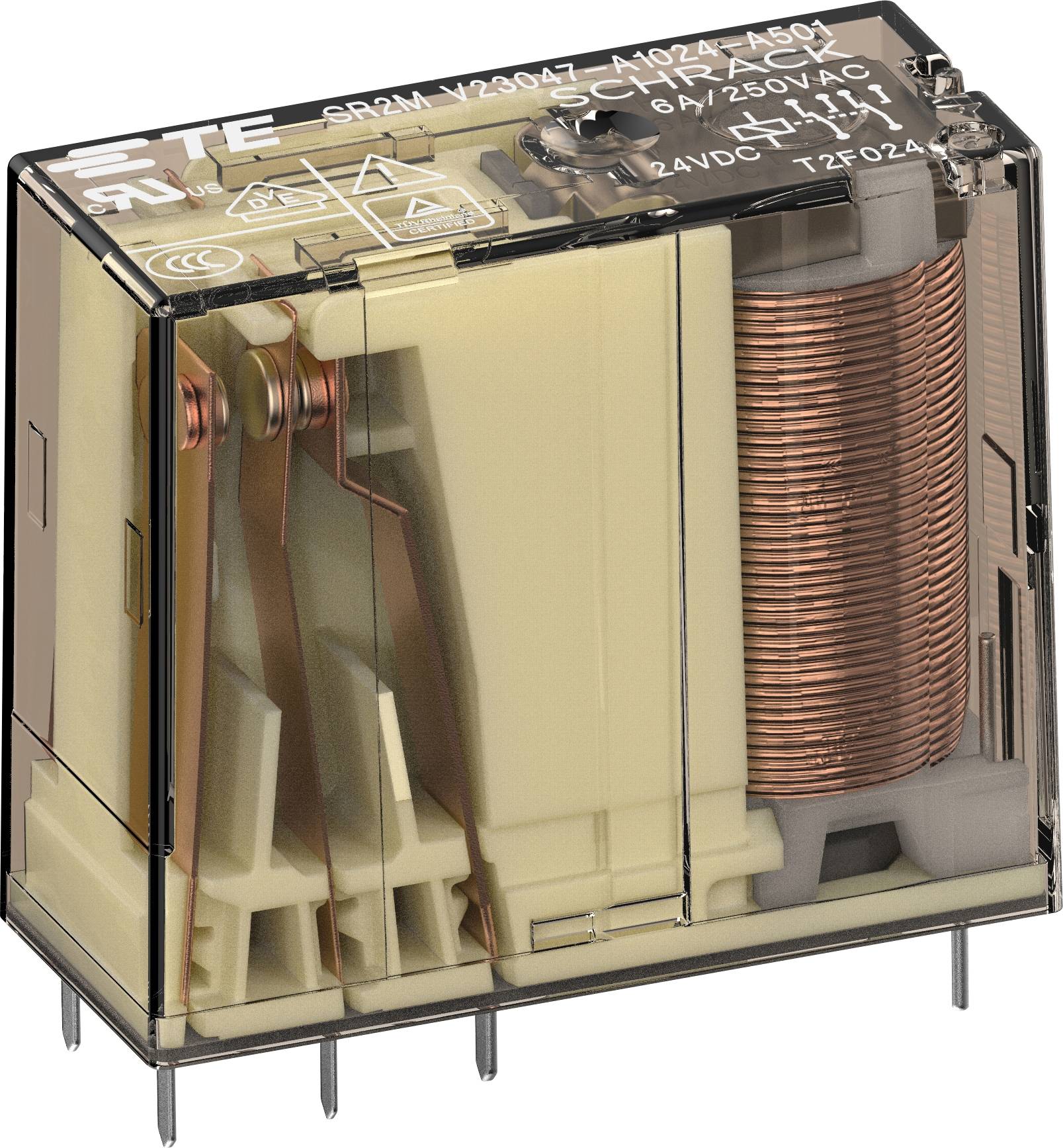 Un relais électromécanique transparent avec une bobine en cuivre et plusieurs contacts métalliques, montré en coupe transversale.