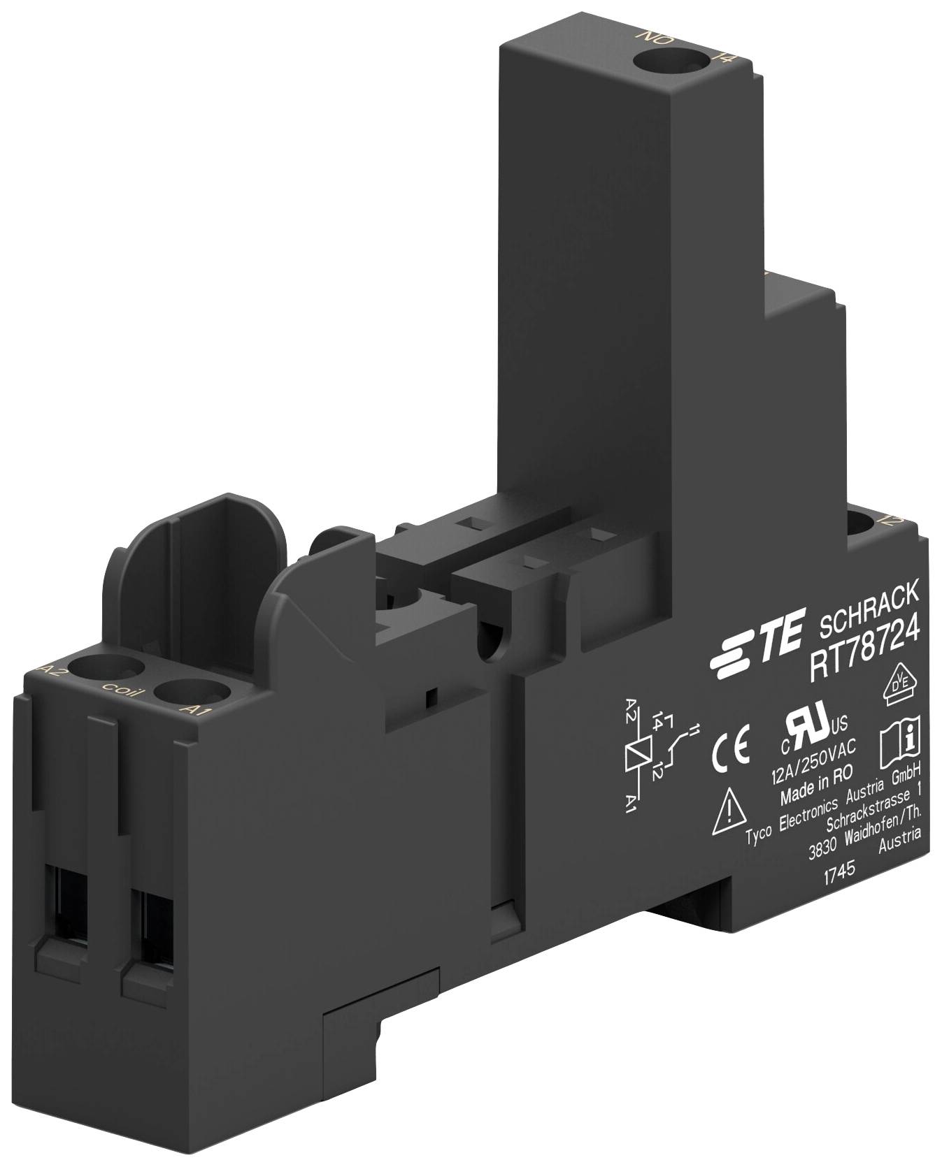 Relais électrique TE Schrack modèle RT87824, 12A, 250V AC, certifié CE, couleur noire, utilisé dans les armoires électriques.