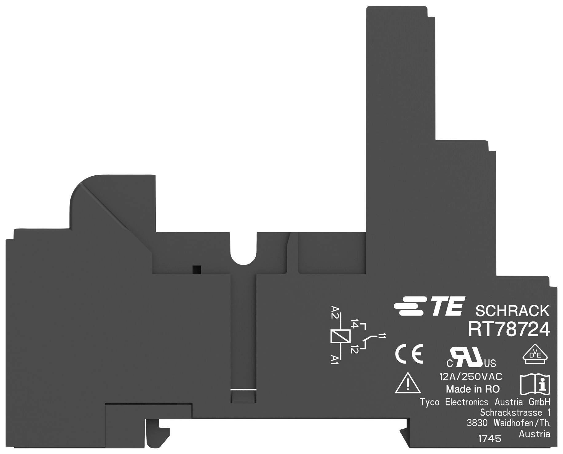 Un relais de Schrack portant le numéro de modèle RT78724, affiche des symboles techniques, un marquage CE et des informations du fabricant sur le côté gauche.