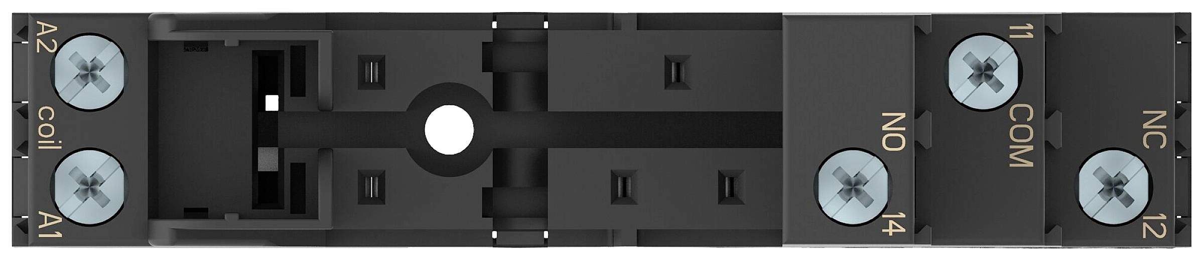Un support de relais électrique noir avec des bornes étiquetées 'A2', 'A1', '14', 'NO', 'COM', '11', et 'NC'.