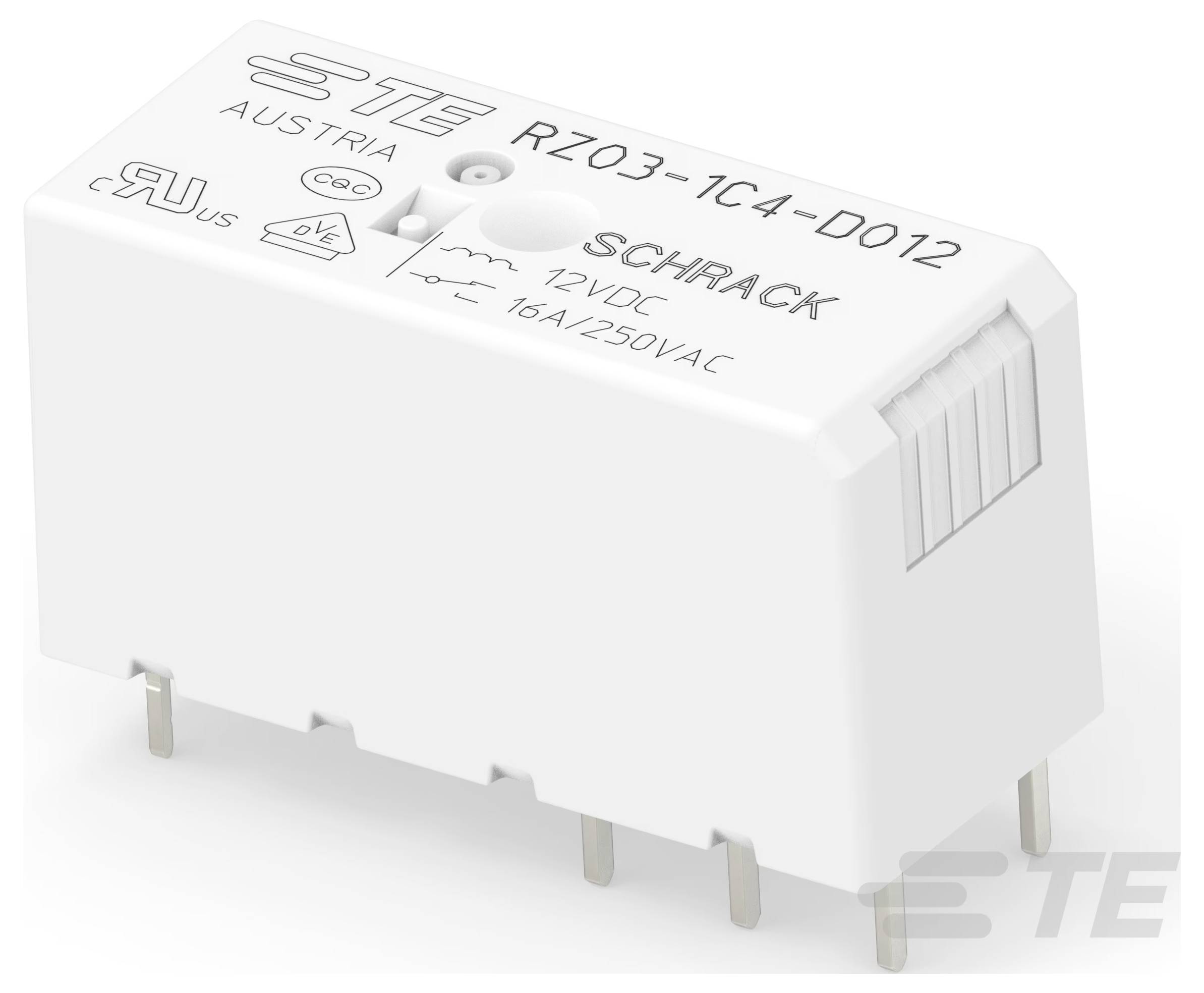 Un relais TE Schrack blanc, rectangulaire, étiqueté « RZ03-1C4-D012 » conçu pour une utilisation en courant continu 12V et 16A/250VAC, avec quatre broches métalliques à la base.
