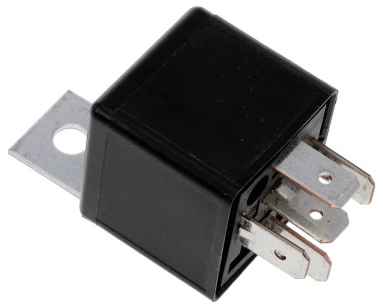 A black electrical relay with multiple metal connectors, used in automotive circuits. Includes a mounting bracket with a hole for attachment.
