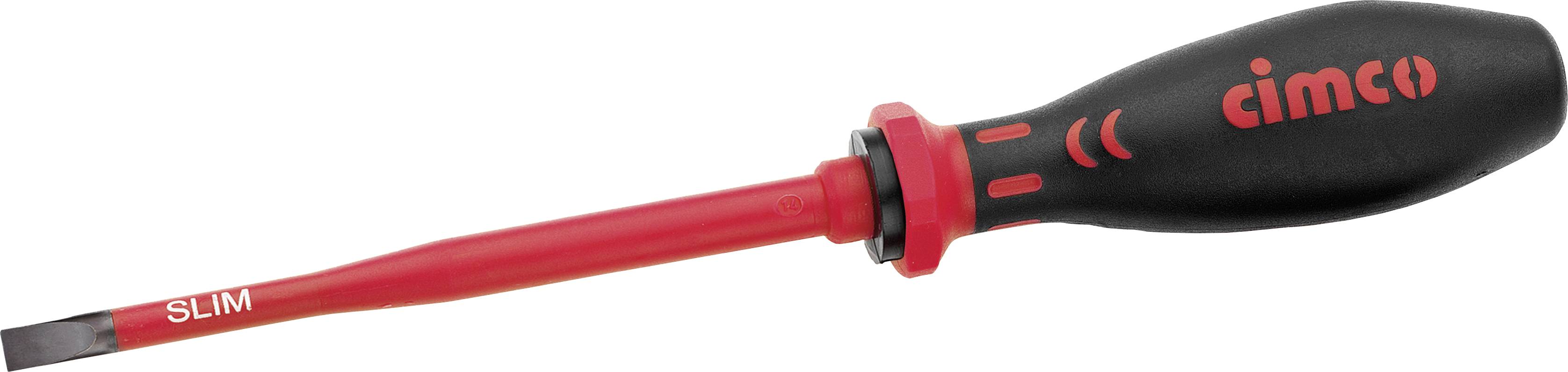 Un tournevis plat avec un manche isolant rouge et une poignée noire portant l'impression du logo rouge de la marque Cimco.