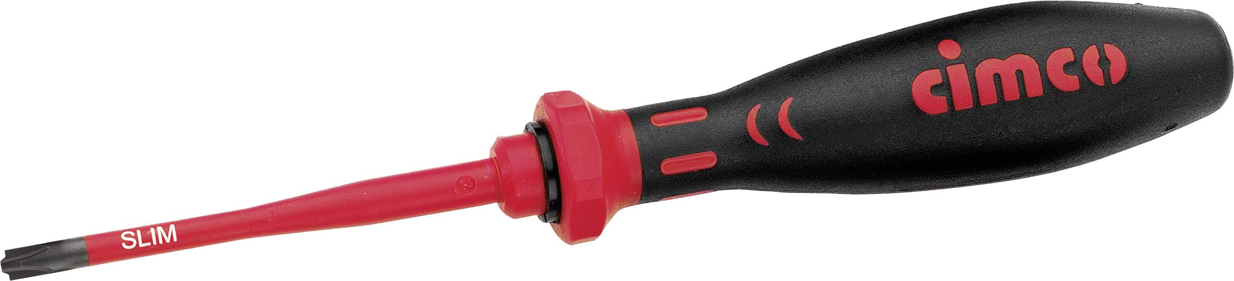 Tournevis avec poignée noire et embout rouge, portant l'inscription 'cimco' sur la poignée et 'SLIM' sur l'embout.