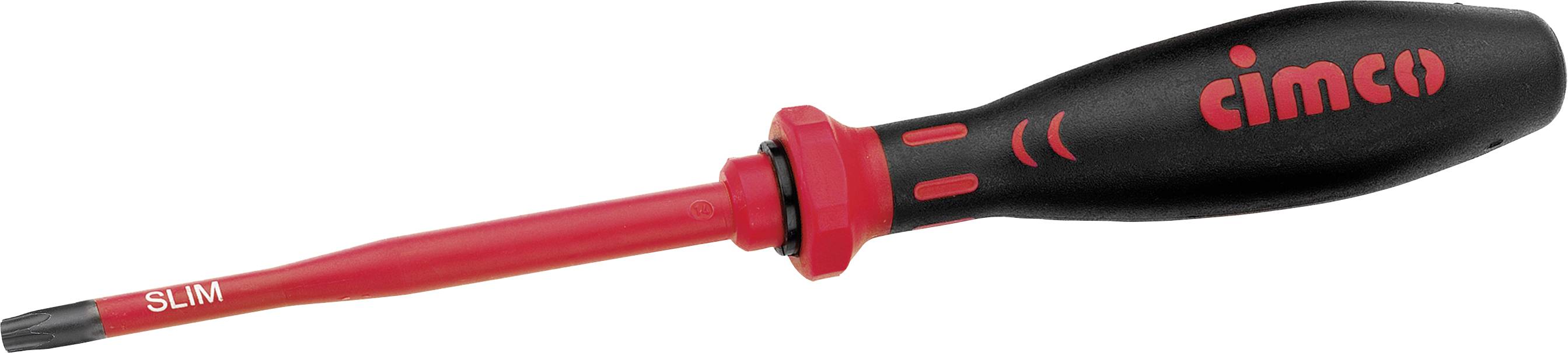 Un tournevis électrique avec une poignée rouge isolée et une partie de la poignée en noir. Adapté aux travaux électriques.