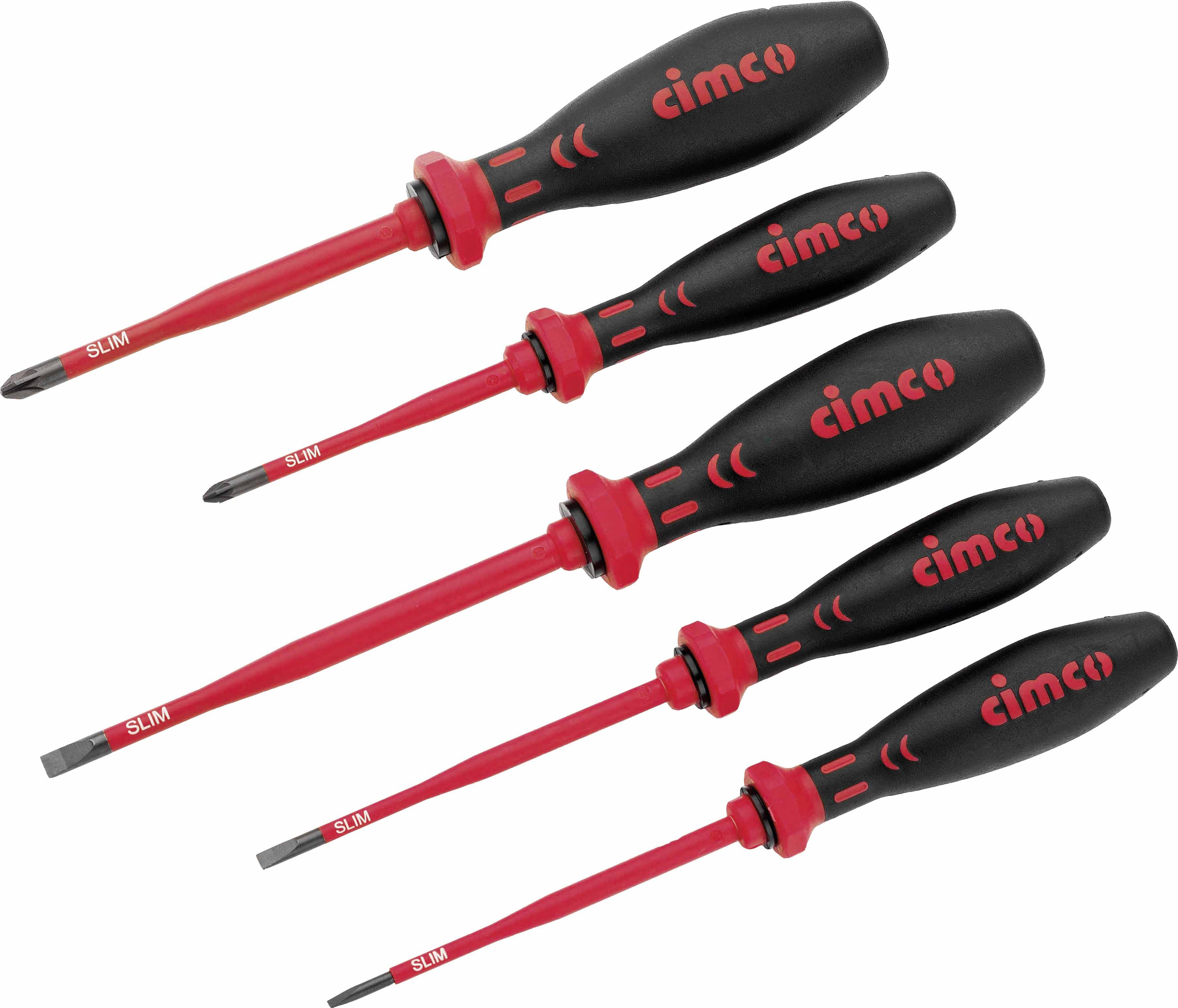 Un ensemble de tournevis isolés avec manche noir et pointe rouge, disponibles en différentes tailles.
