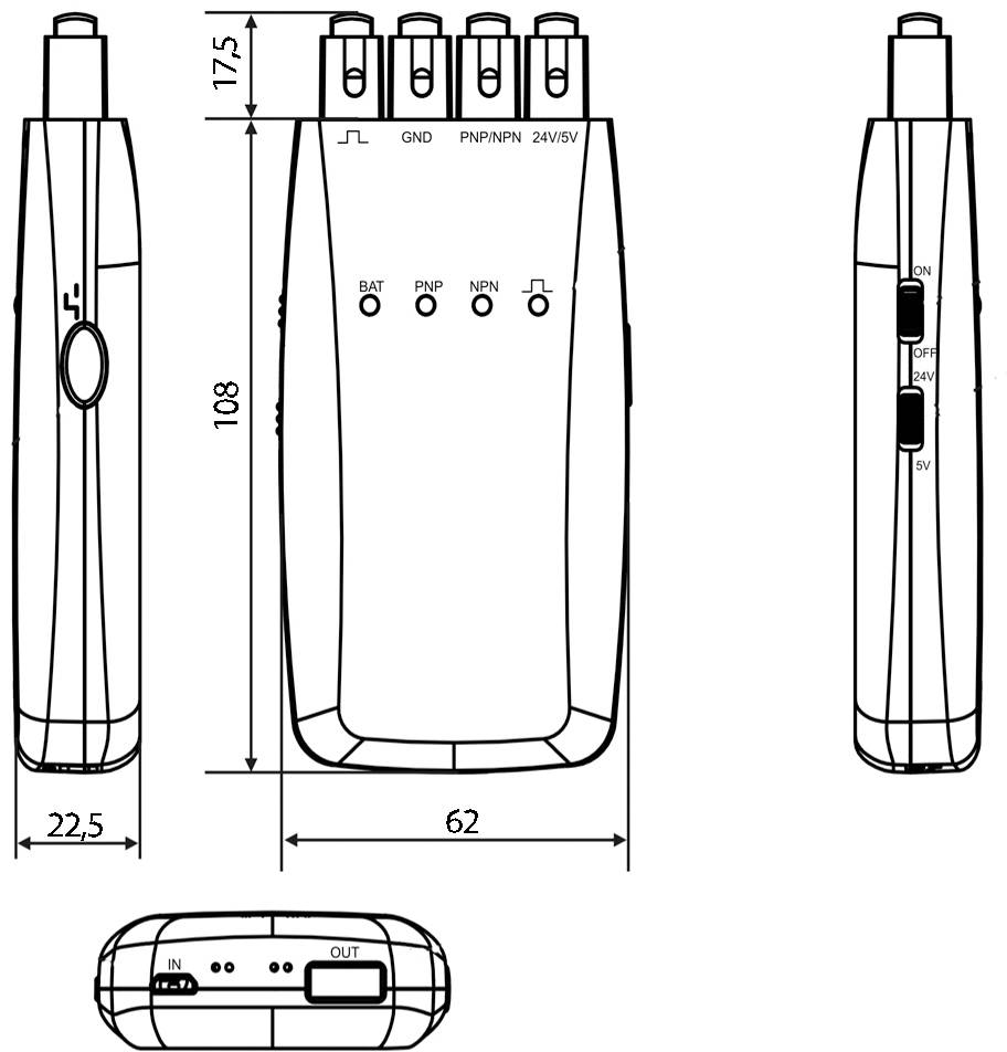 Dessin technique d'un appareil électronique avec des touches et des connexions, dimensions : hauteur 175 mm, largeur 62 mm, profondeur 22,5 mm.