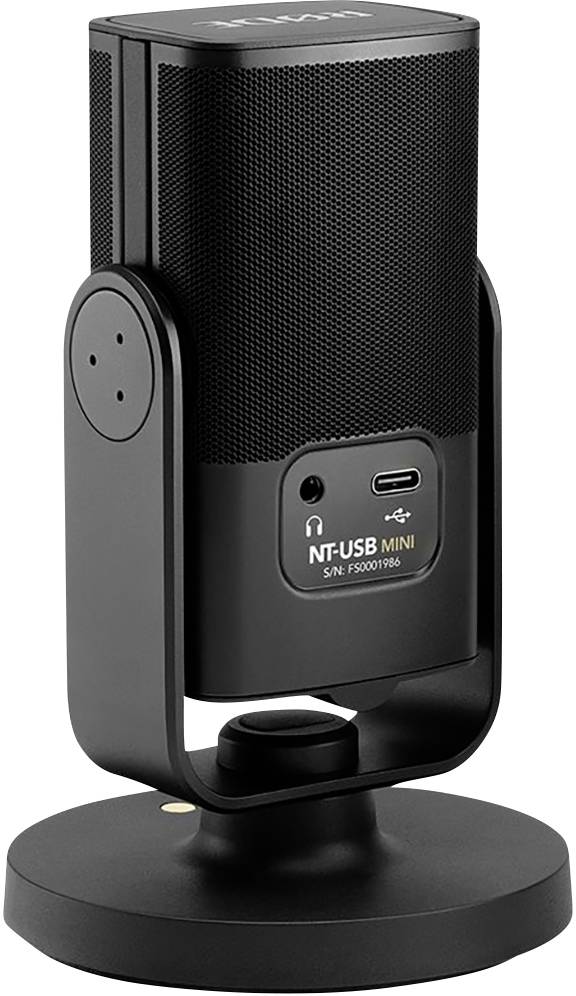 Microphone USB noir sur support avec connexion latérale et éléments de commande. Adapté pour l'enregistrement et le podcasting.