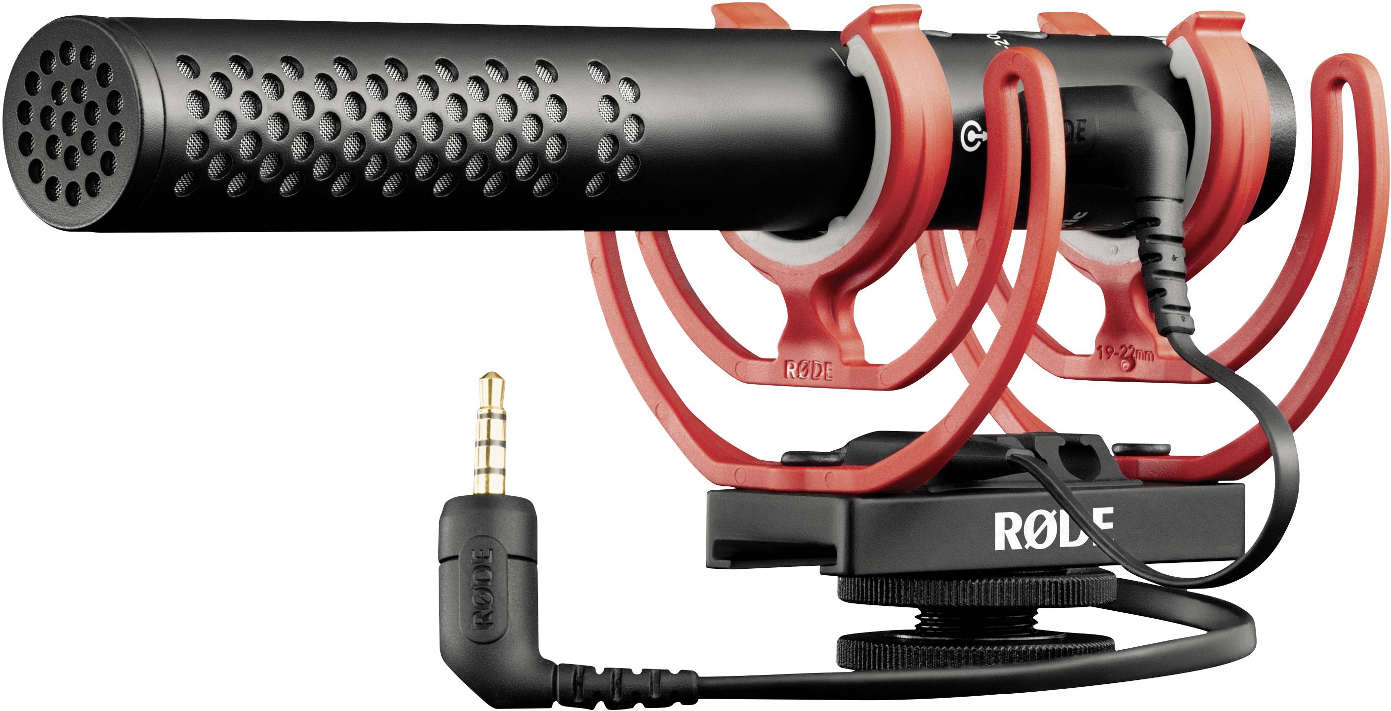 Microphone directionnel en rouge et noir, monté sur un support avec une prise jack de 3,5 mm, adapté pour les caméras et les enregistrements audio.