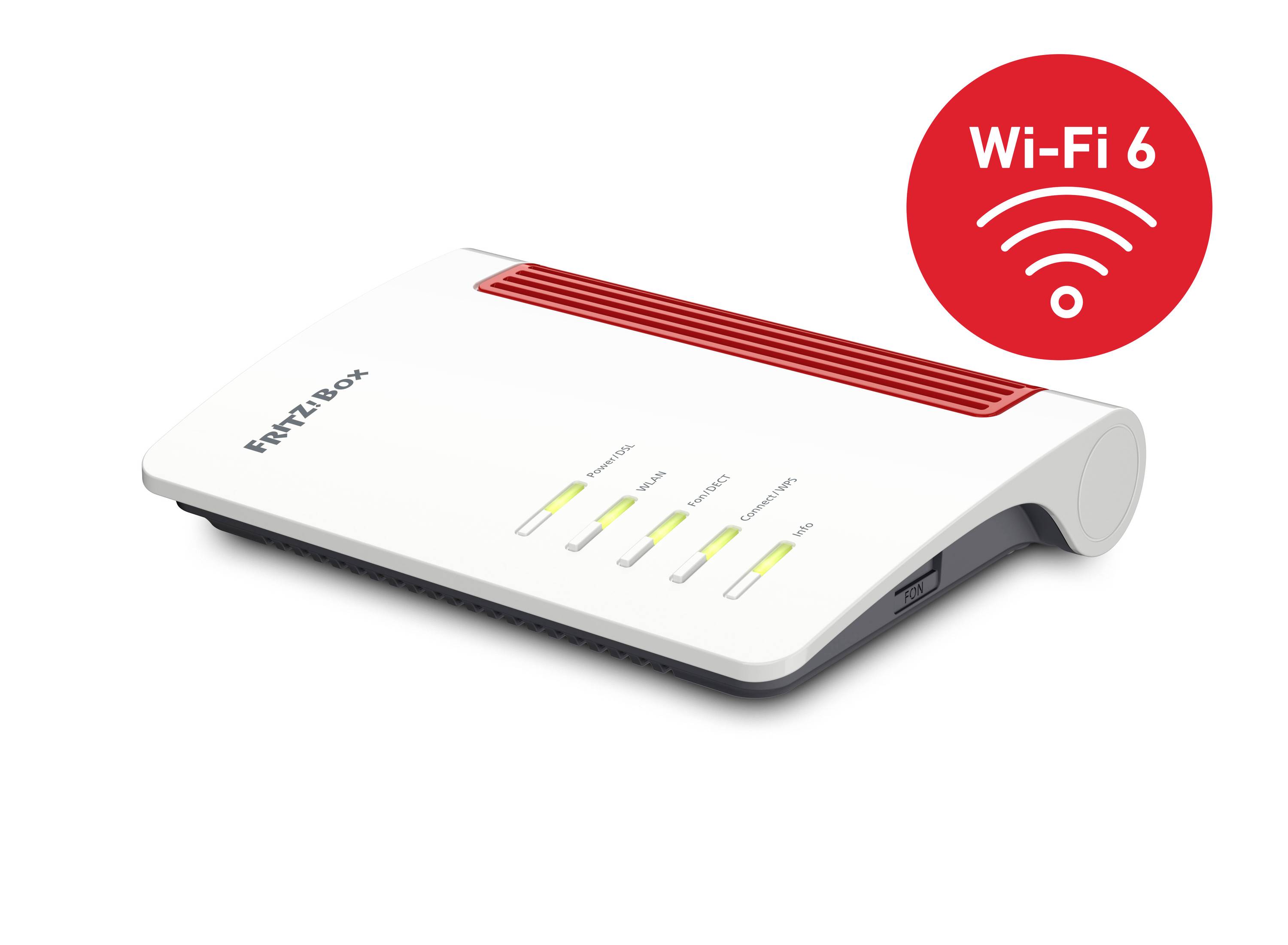 Un routeur blanc avec des accents rouges, appelé 'Fritz!Box', prend en charge le Wi-Fi 6. Texte : 'Nouvelle version Wi-Fi 6'.
