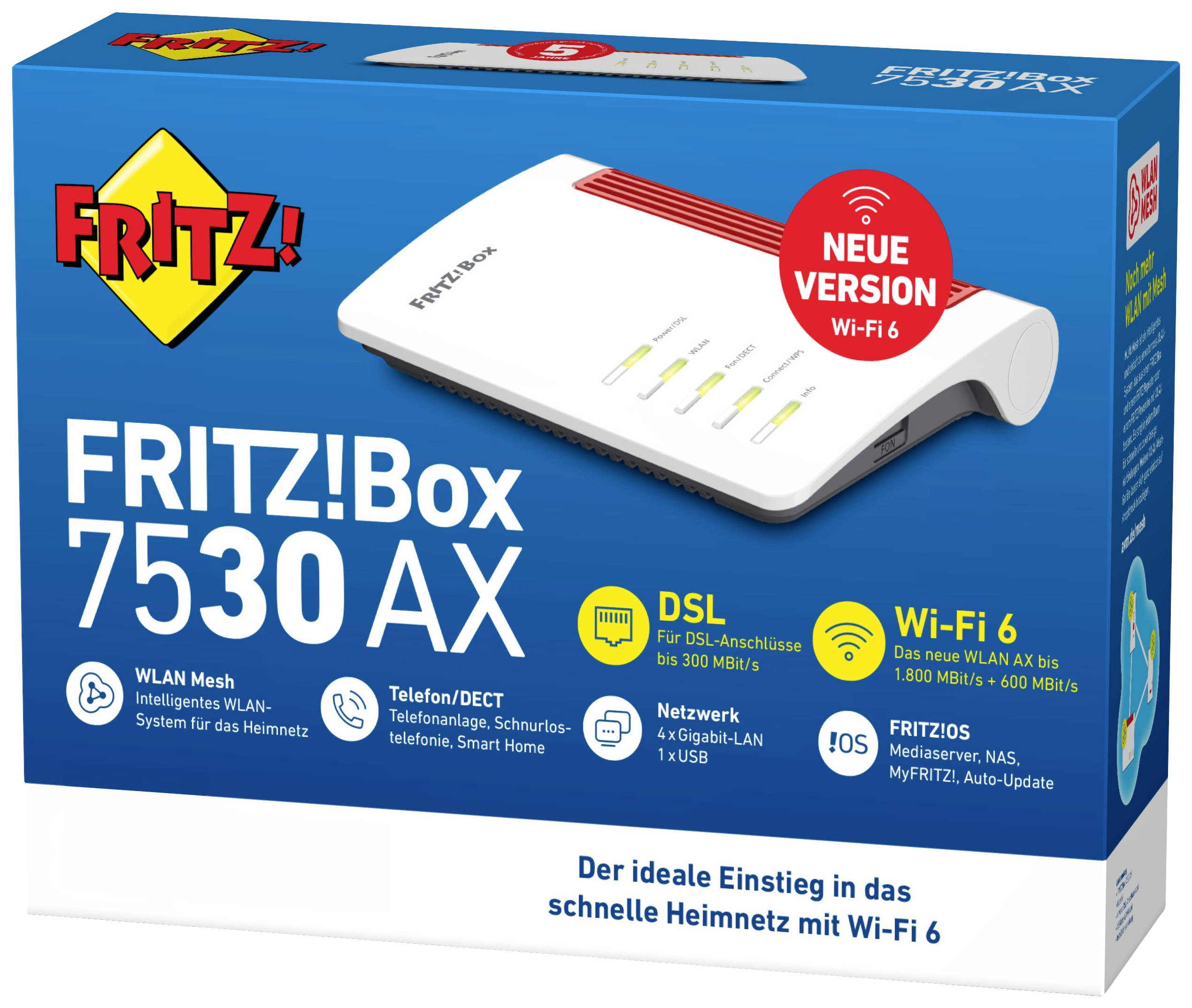 Emballage du routeur 'FRITZ!Box 7530 AX'. Caractéristiques : Wi-Fi 6, Maille WLAN, Téléphone/DECT, Réseau. Idéal pour un réseau domestique rapide.