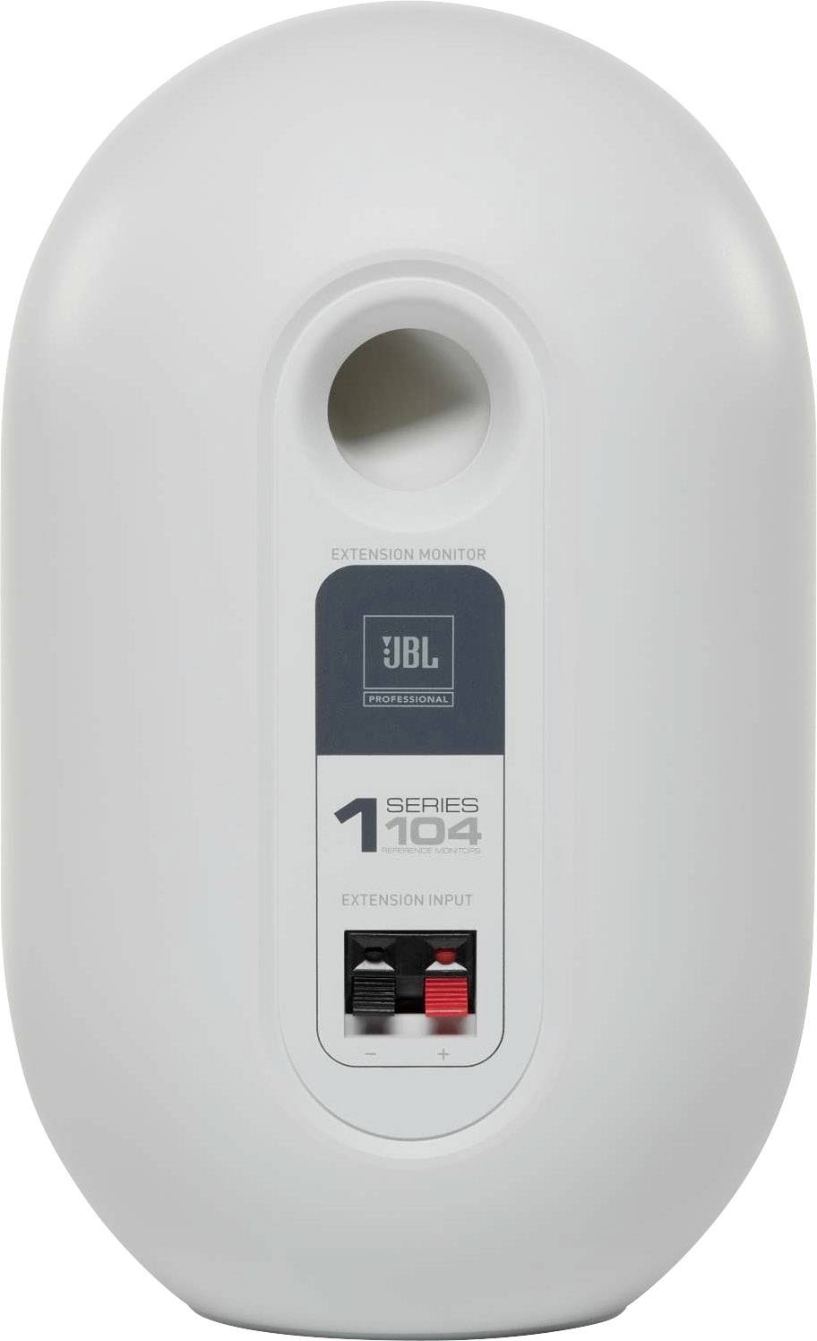 Un haut-parleur blanc de la marque JBL, modèle '1 Series 104', avec des ports de connexion en bas. Idéal pour le monitoring de studio.