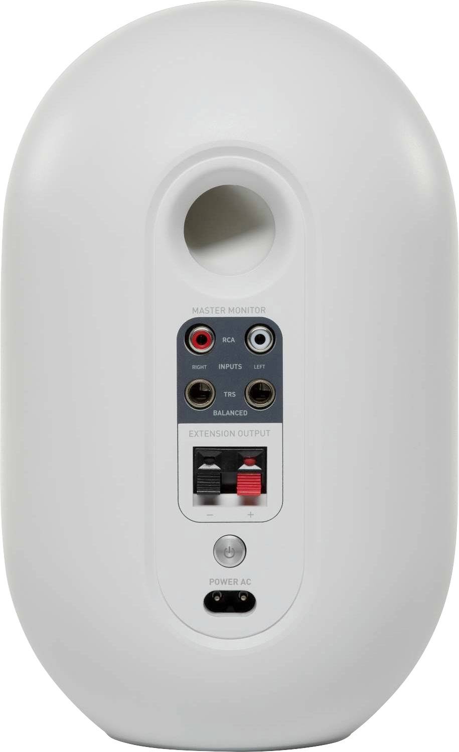 Le dos d'un haut-parleur avec des connexions pour RCA, entrées audio, câbles de haut-parleur et alimentation électrique.