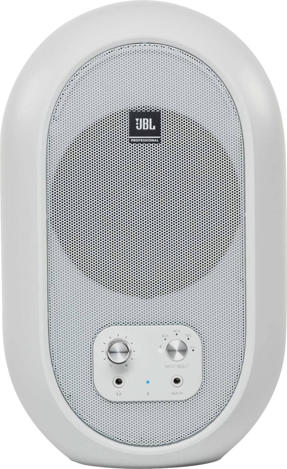 Un haut-parleur blanc oval de la marque JBL avec une grande grille de haut-parleur et deux boutons de commande en dessous, sur un fond blanc.