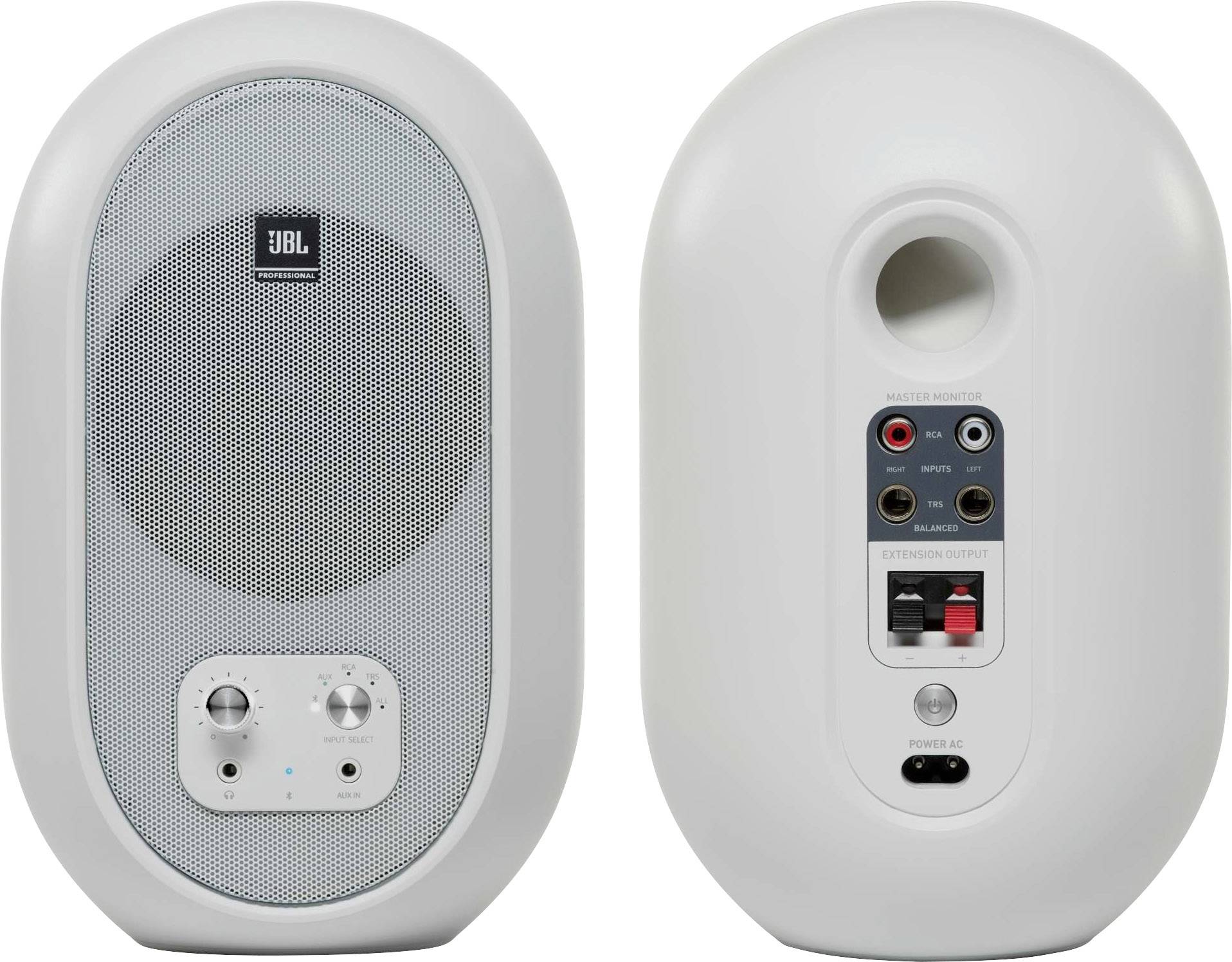 Deux enceintes grises : La première montre la grille et les boutons de l'enceinte, la seconde présente les connexions et le canal de réflexion des basses.