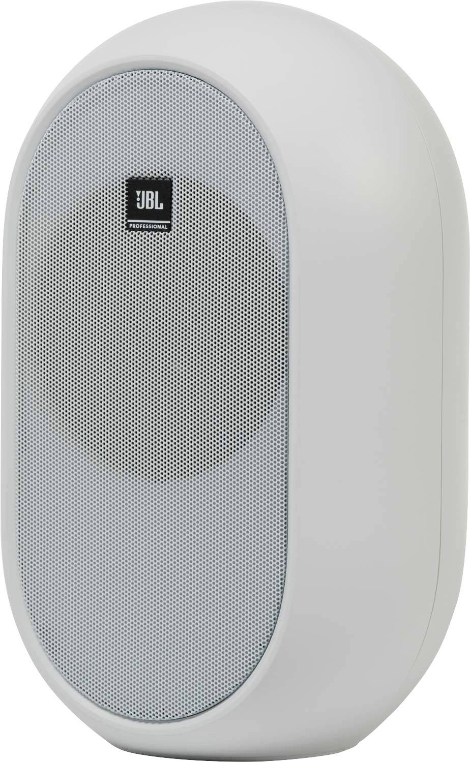 Un haut-parleur blanc, ovale, avec une grille grise et le logo JBL au centre. Le haut-parleur présente un design moderne.