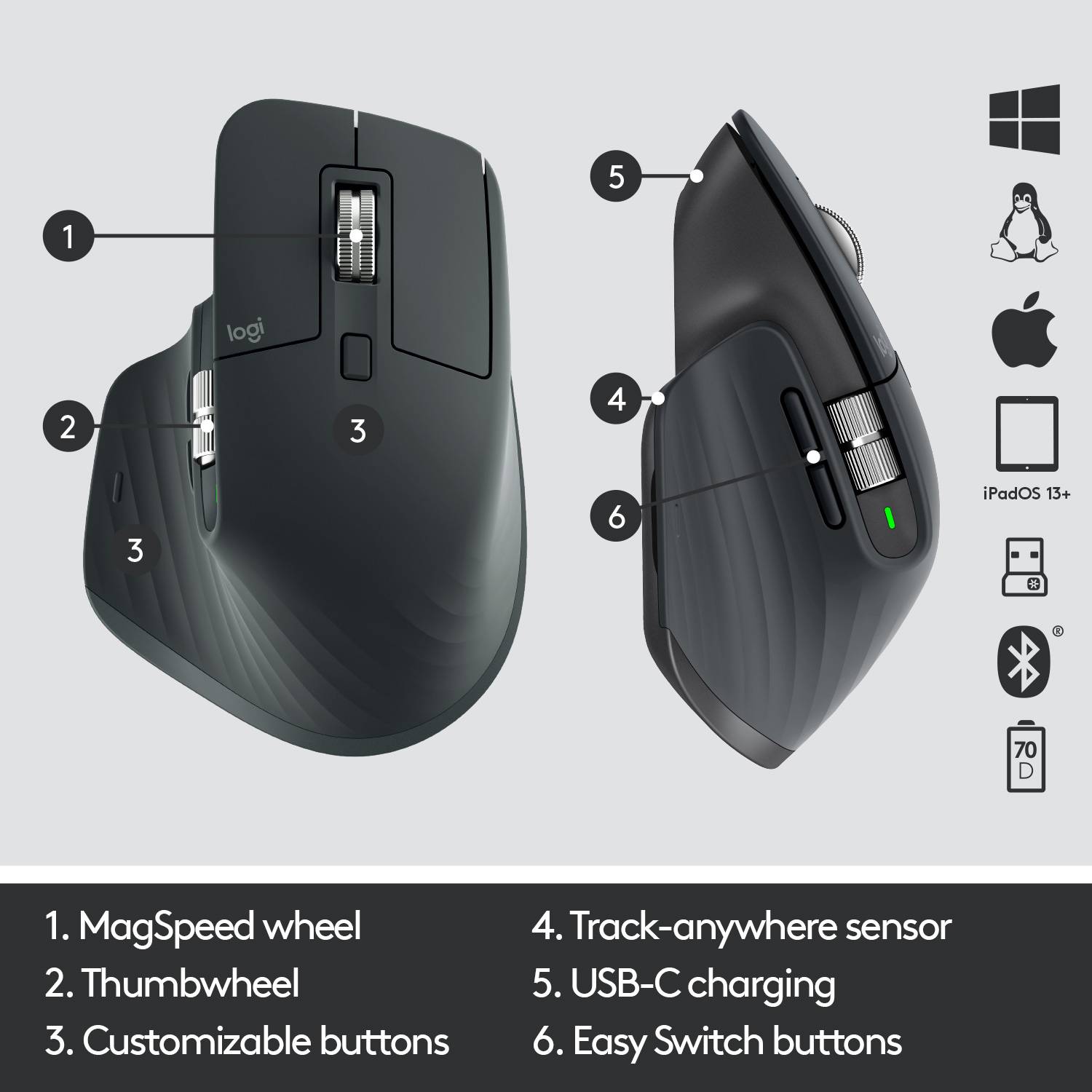 Logitech MX Master 3 Mac Version Souris ergonomique Bluetooth, radio optique graphite 7 Boutons 4000 dpi ergonomique, rechargeable
