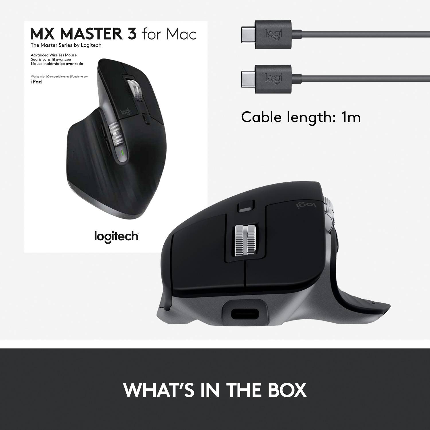 Logitech MX Master 3 Mac Version Souris ergonomique Bluetooth, radio optique graphite 7 Boutons 4000 dpi ergonomique, rechargeable