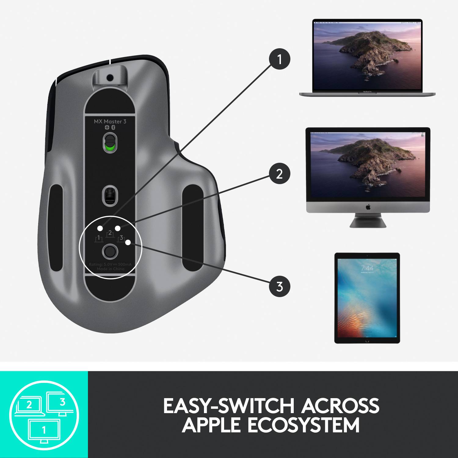 Logitech MX Master 3 Mac Version Souris ergonomique Bluetooth, radio optique graphite 7 Boutons 4000 dpi ergonomique, rechargeable