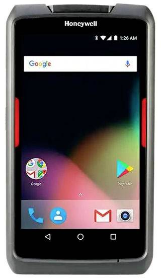 Un smartphone Android de Honeywell avec des applications standard sur l'écran d'accueil, comprenant la recherche Google, le téléphone et l'e-mail.