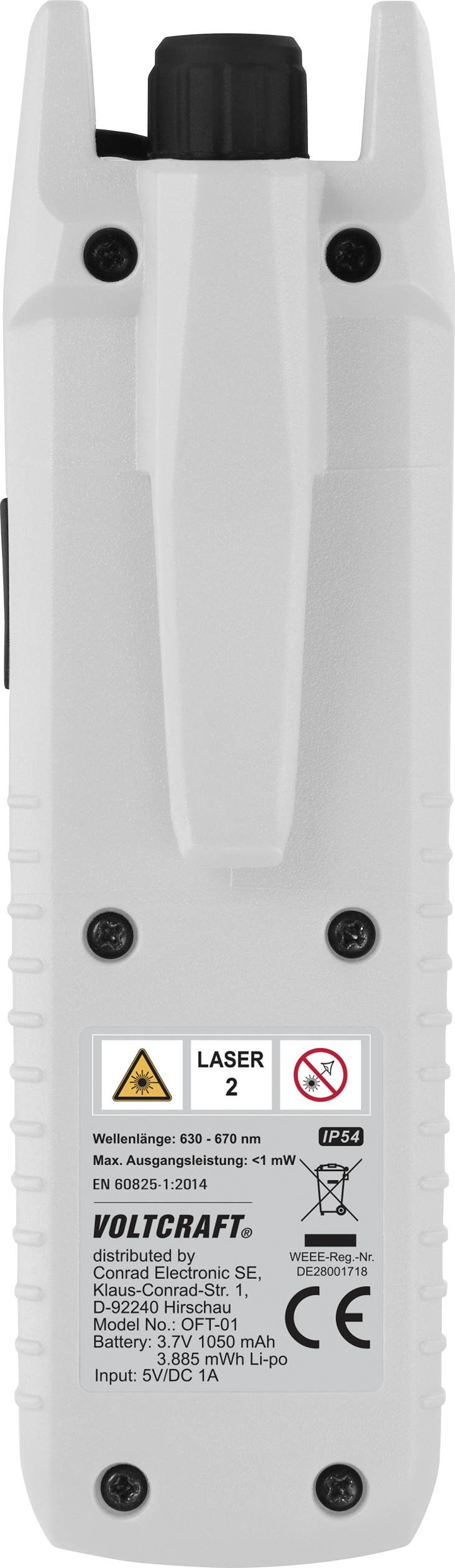 Un détecteur de tension portable avec pinces et fonction laser de Voltcraft. Contient le marquage CE et les spécifications techniques au dos.