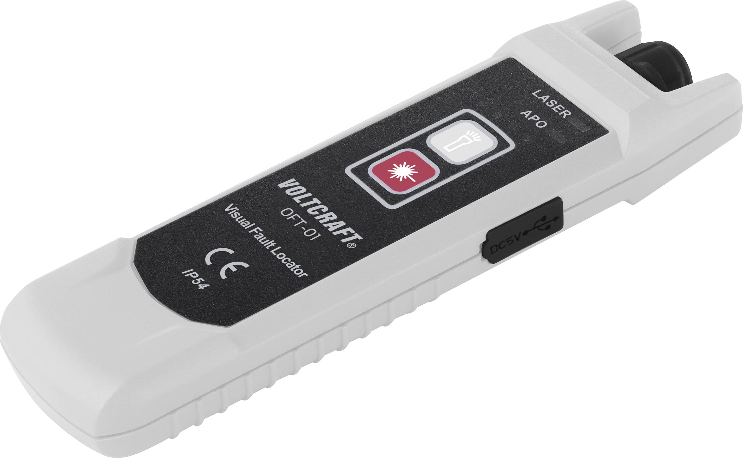 Un localisateur visuel de défauts portable avec boîtier noir et symbole laser rouge, adapté pour le diagnostic des câbles à fibre optique.